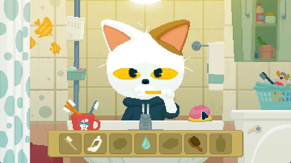 Come to my party!: Cat character brushes teeth at sink, bathroom scene with inventory bar and cursor.