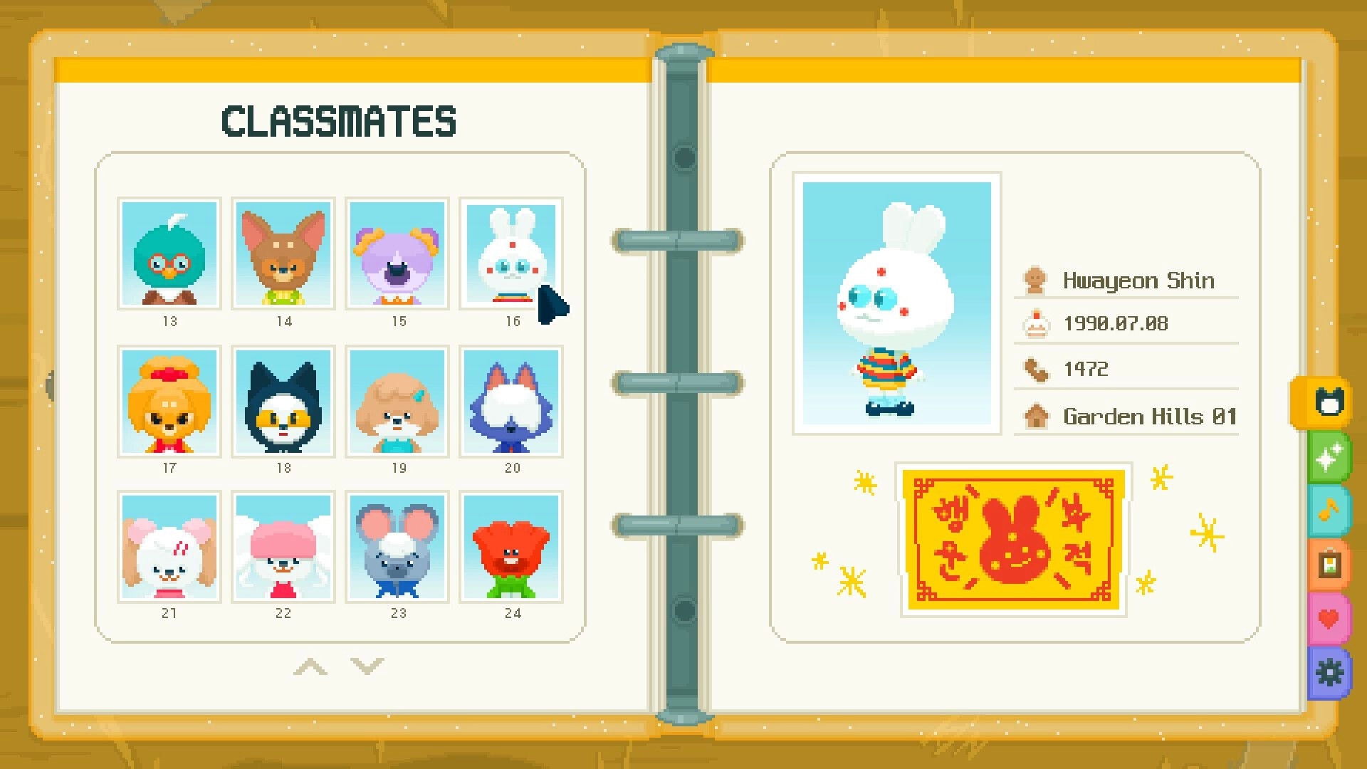 Come to my party!: Classmates address book UI with avatar grid and Hwayeon Shin profile page open.