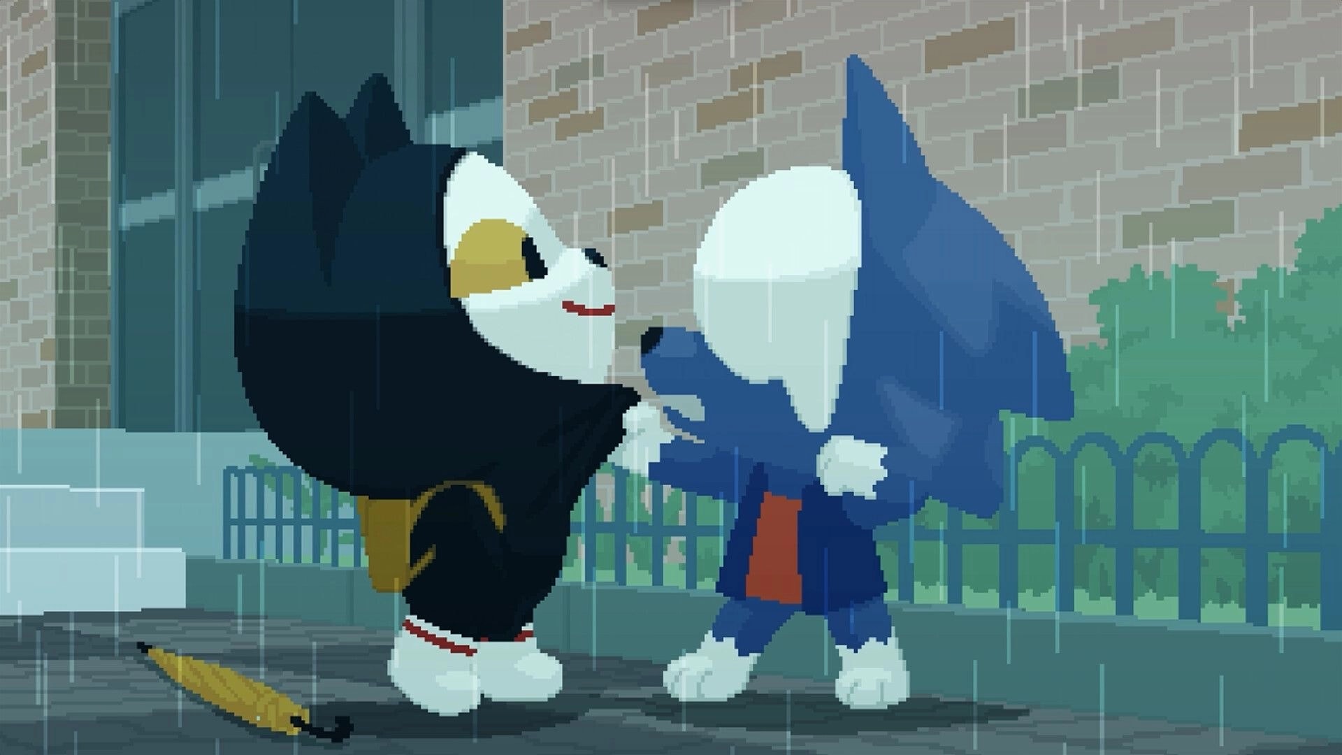 Come to my party!: Two cartoon cats hug in the rain by a brick wall and fence, umbrella on ground.