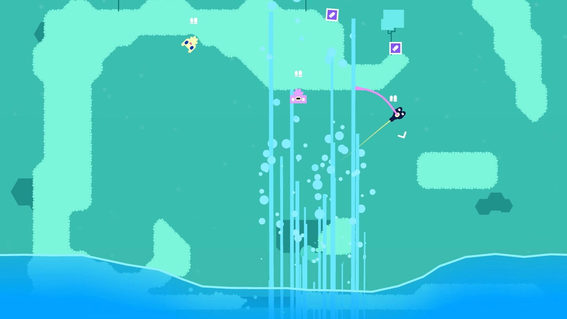 Cow Chess: Two blob fighters grapple with a tether over teal caves, bubbles rising by waterline.