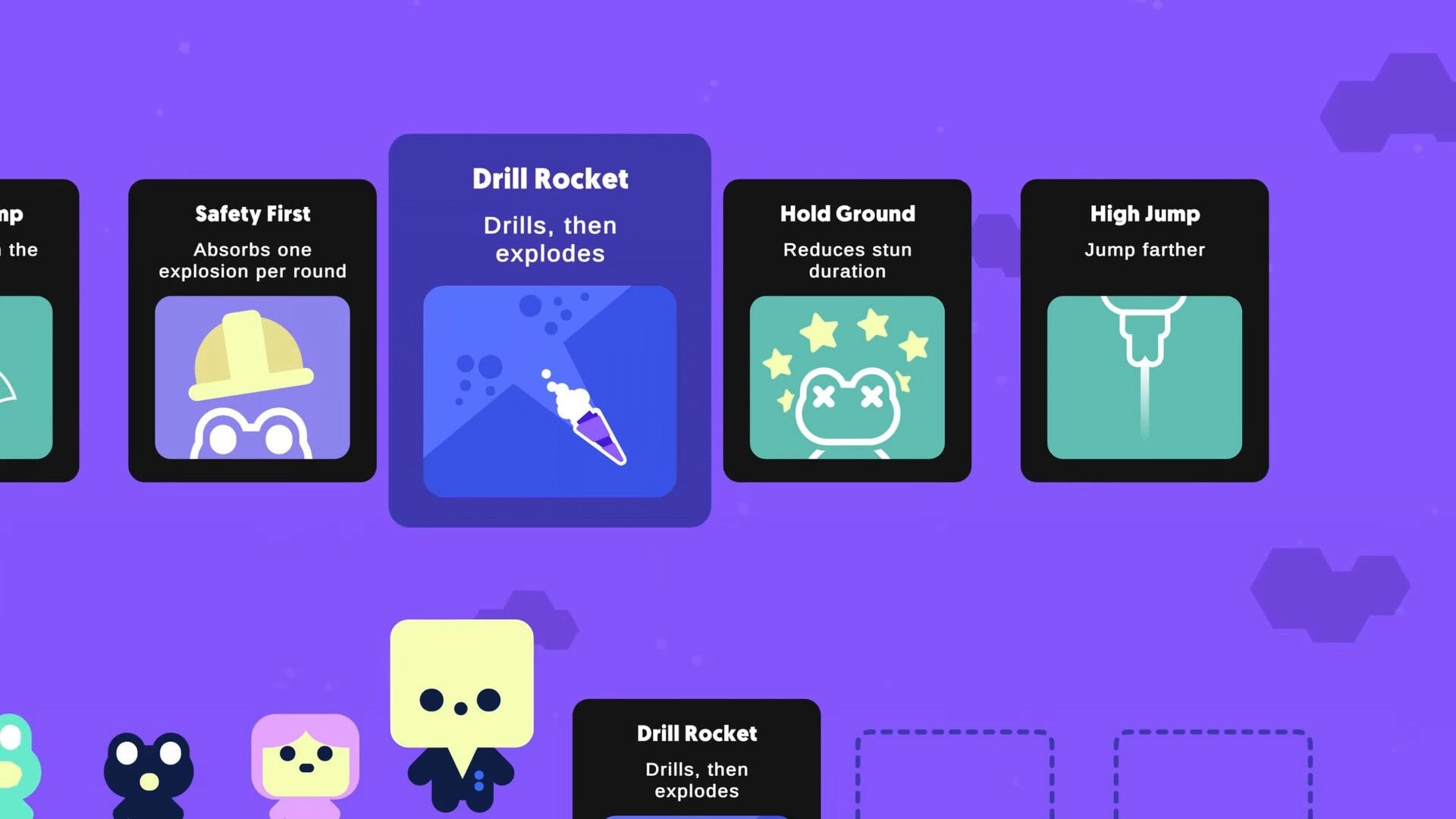 Cow Chess: Perk selection UI highlighting Drill Rocket card among Safety First and High Jump options.