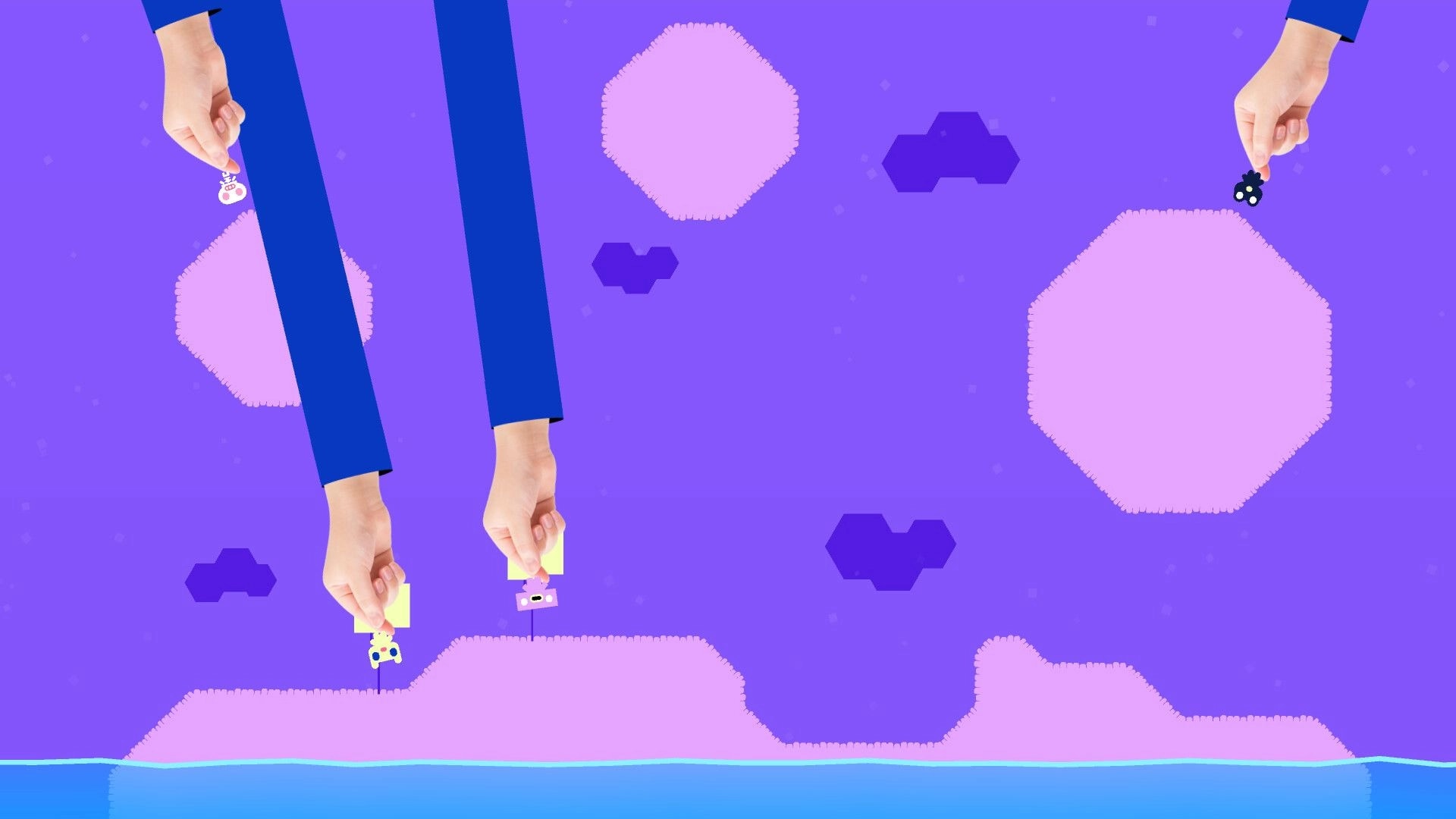 Cow Chess: Players pinch tiny cow pieces on flags over pastel floating islands and water stage.