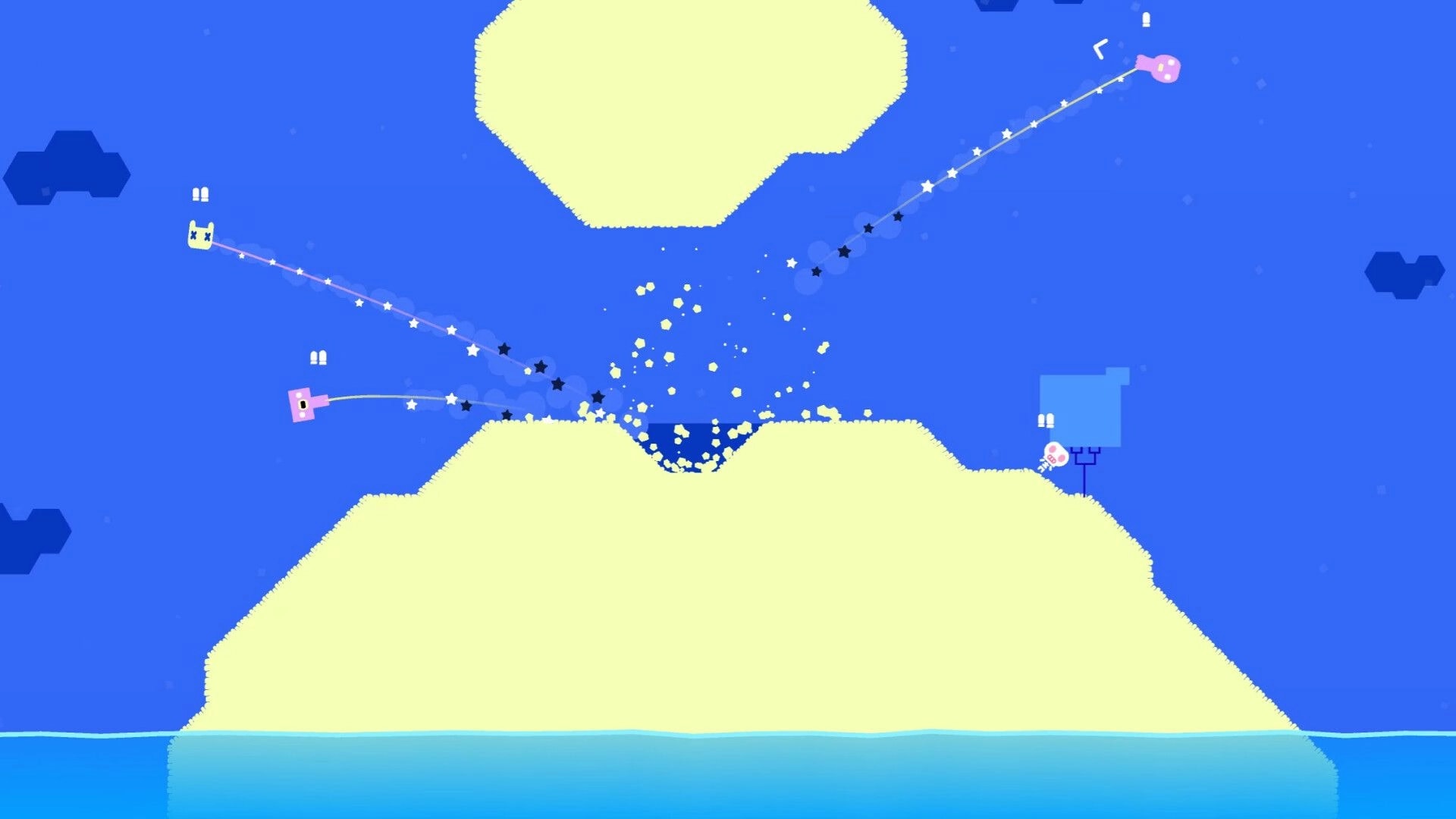 Cow Chess: Three players arc through the air leaving star trails over floating islands at night sky.