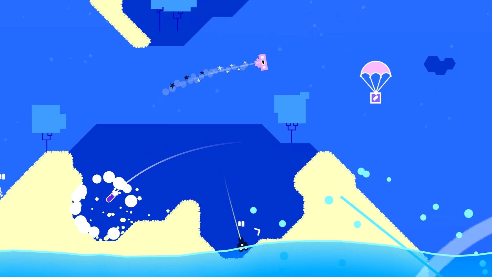 Cow Chess: Pink block character streaks across blue arena past parachute pickup over sandy islands.
