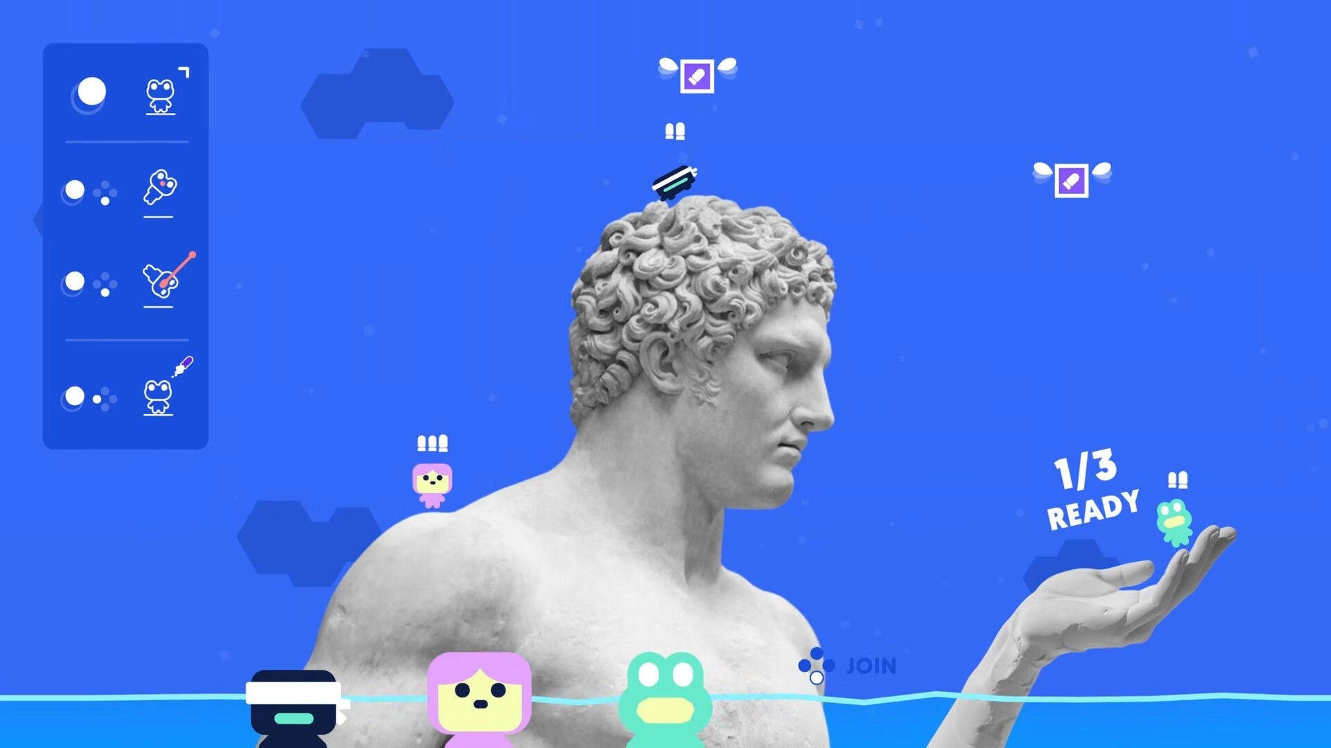 Cow Chess: Lobby ready screen with 1/3 ready and join prompt over a statue on blue backdrop.