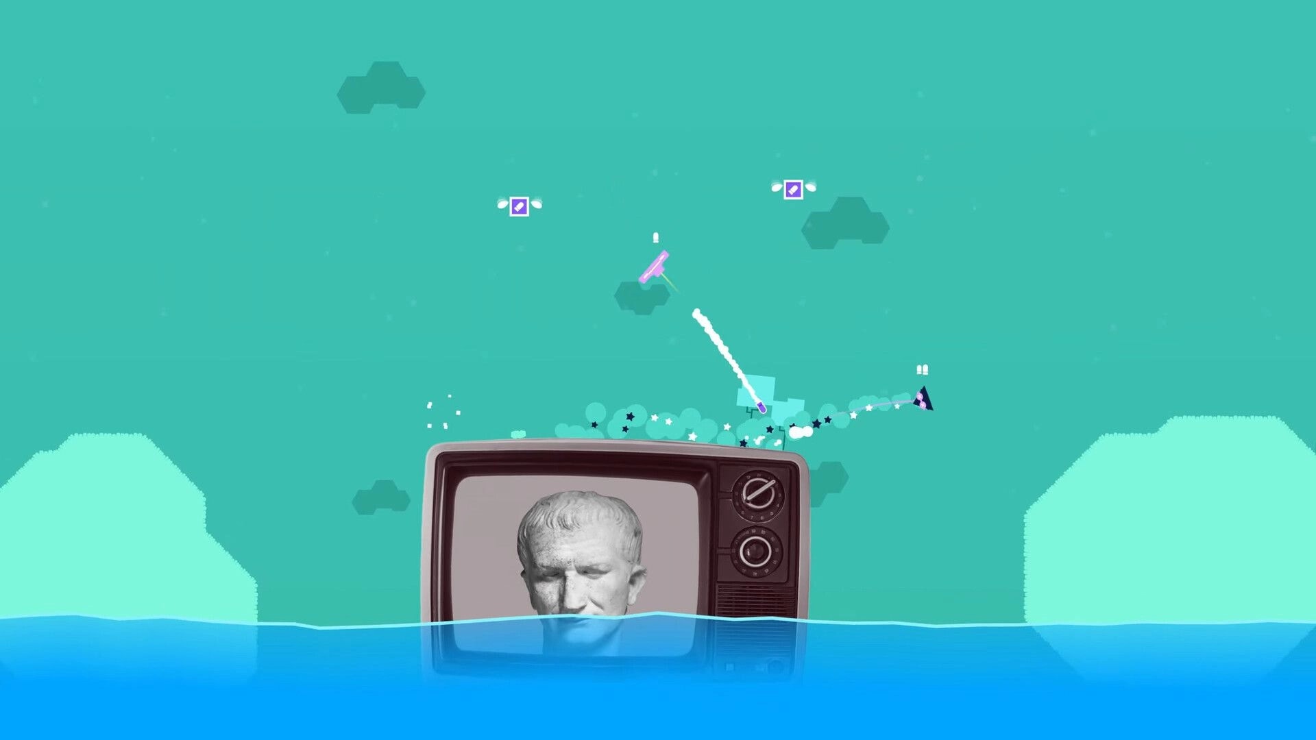 Cow Chess: Projectile arcs over a floating TV platform with pickups in a bright teal sky arena.