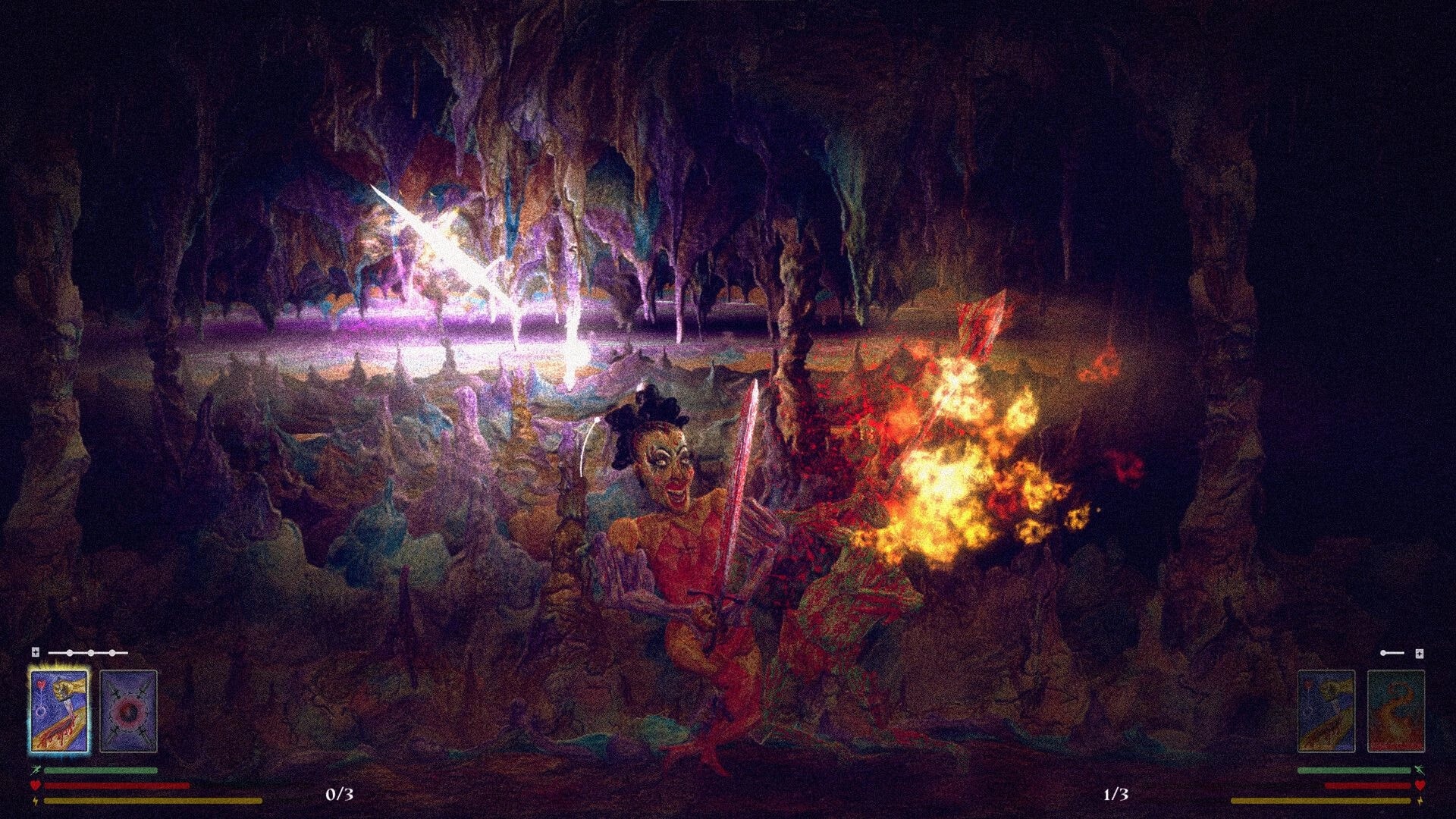CrackSword: Swordfighter slashes a ragdoll foe amid fire bursts in a dark cave, card HUD visible.