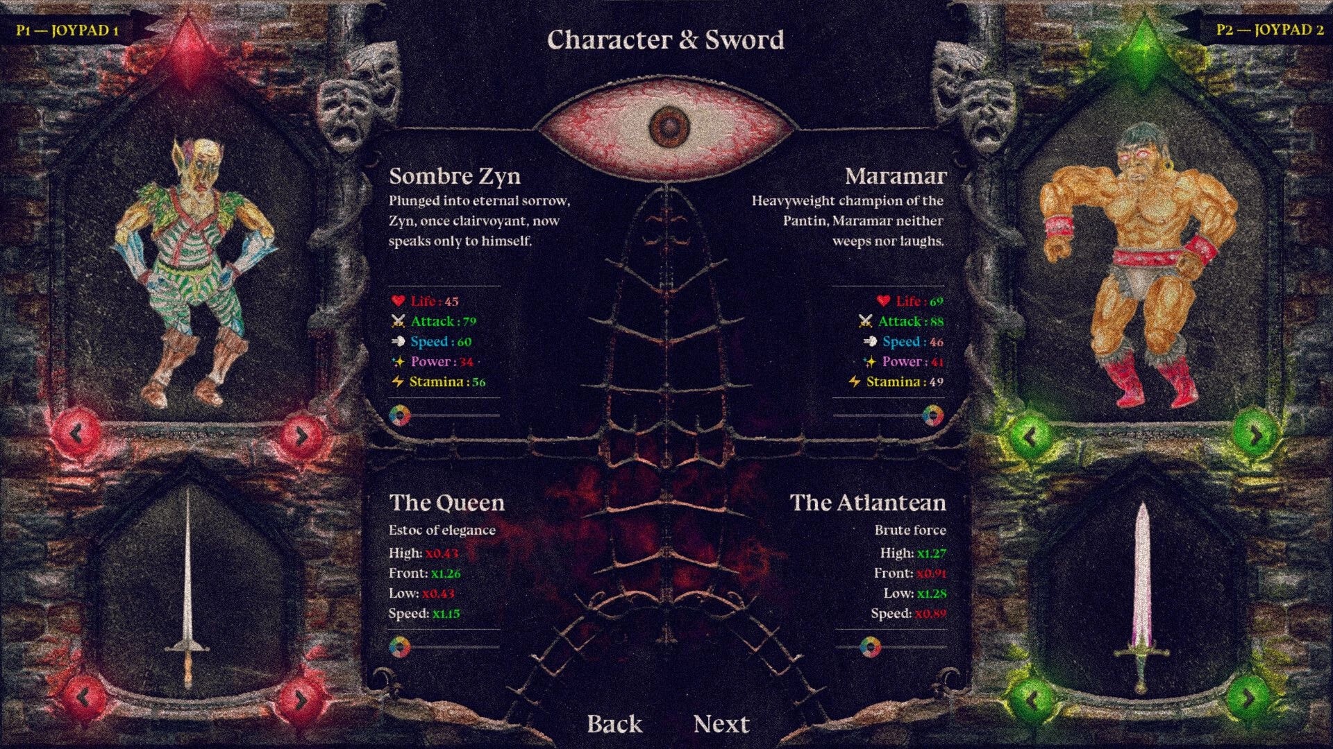 CrackSword: Character & Sword menu with Sombre Zyn vs Maramar stats and sword options on stone UI.