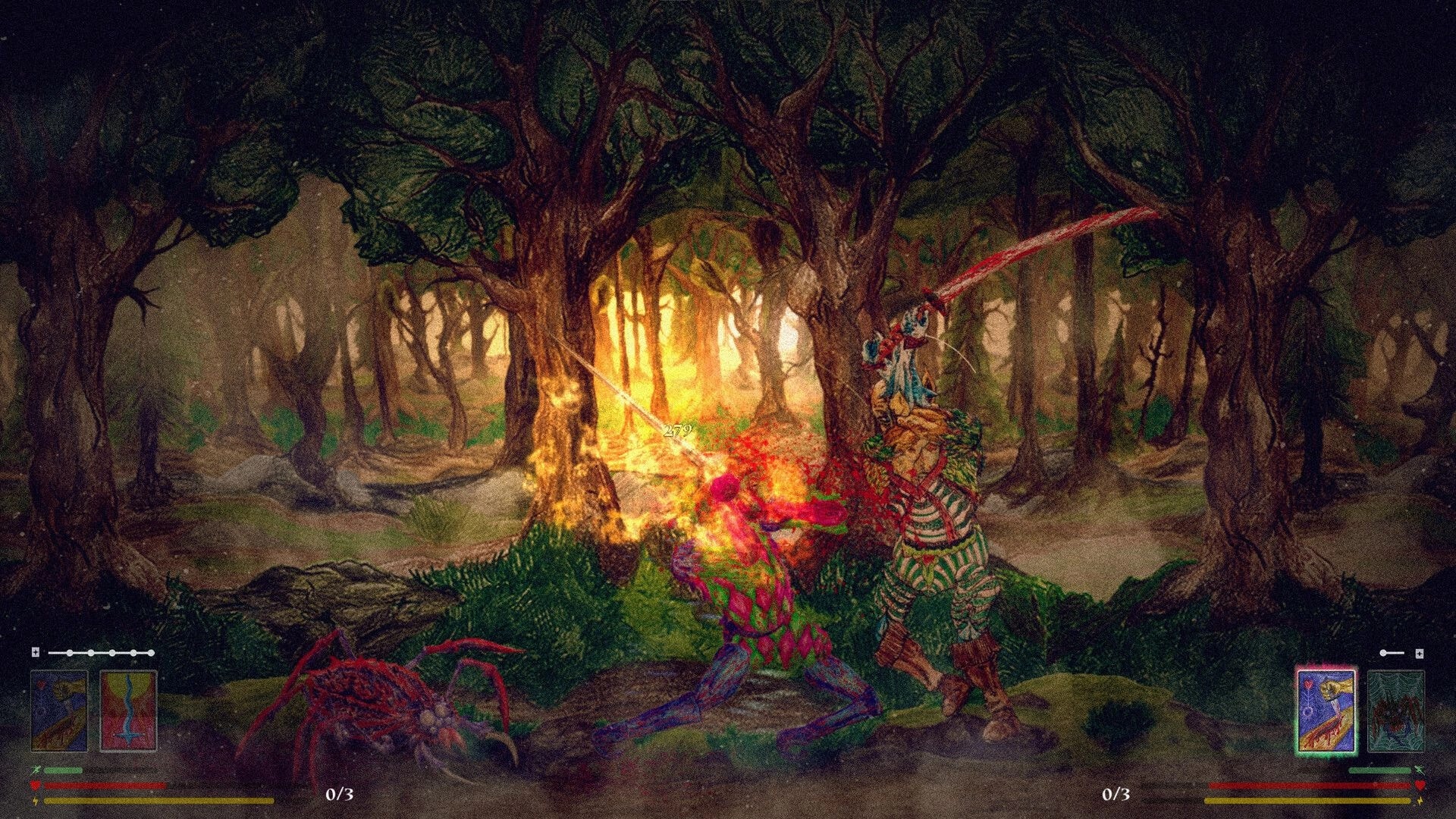 CrackSword: Player slashes a ragdoll foe as damage number pops up in a dark forest with card UI.