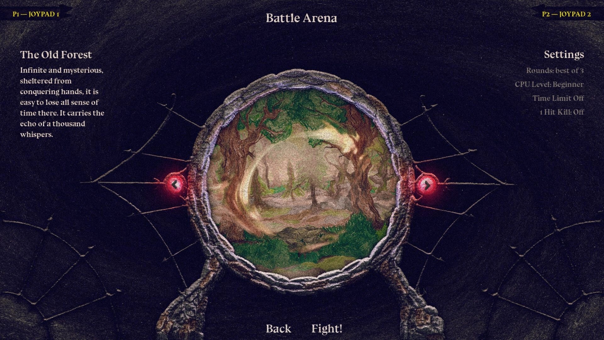 CrackSword: Battle Arena stage select on The Old Forest with settings panel and Fight button below.