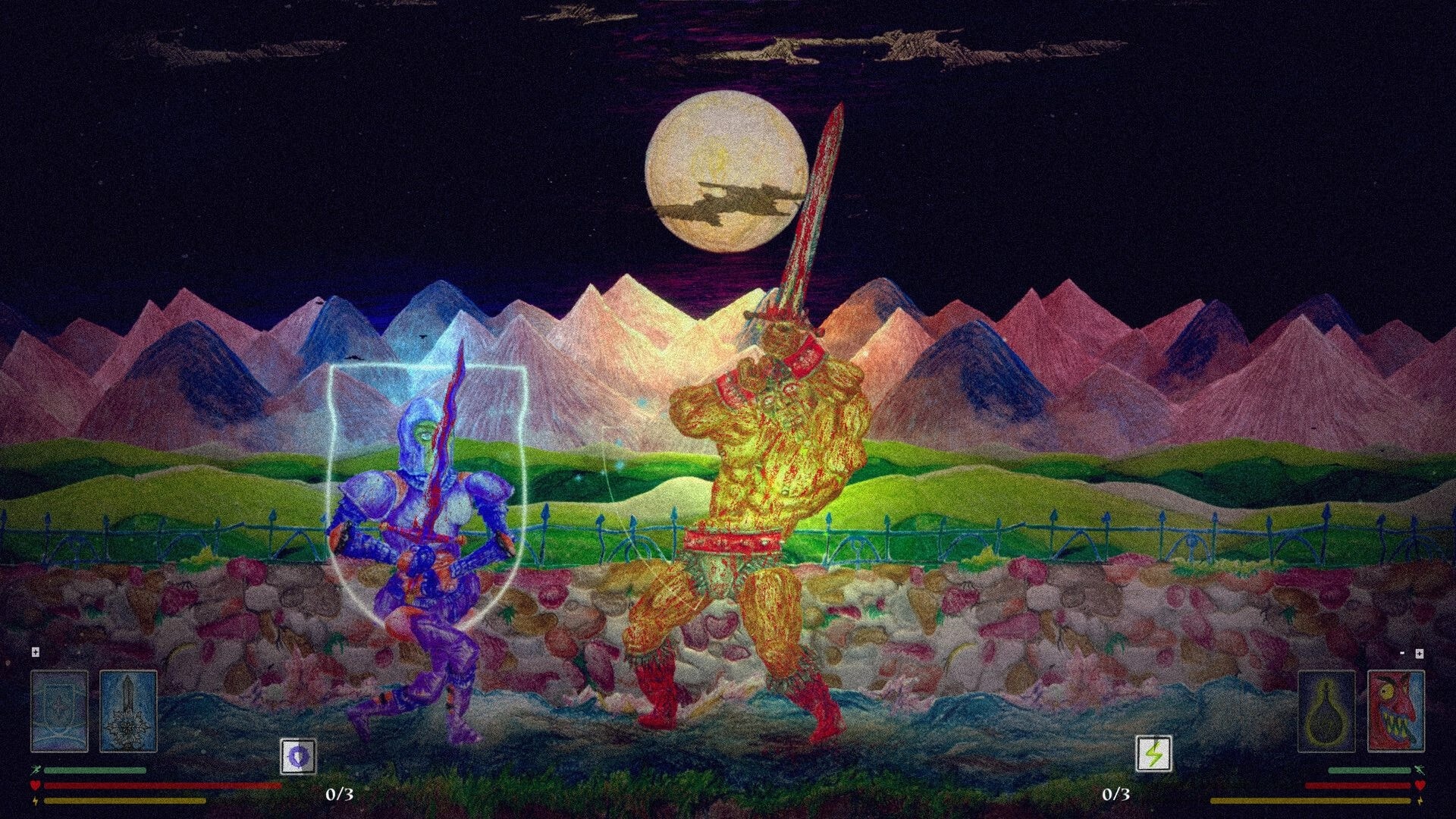 CrackSword: Blue knight blocks a giant swordsman on a moonlit mountain path with card UI bars.