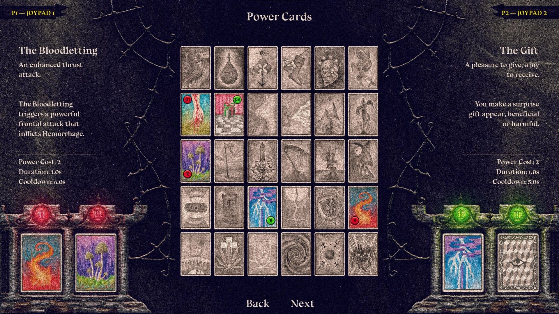 CrackSword: Power Cards menu with card grid and descriptions for Bloodletting and Gift on dark backdrop.
