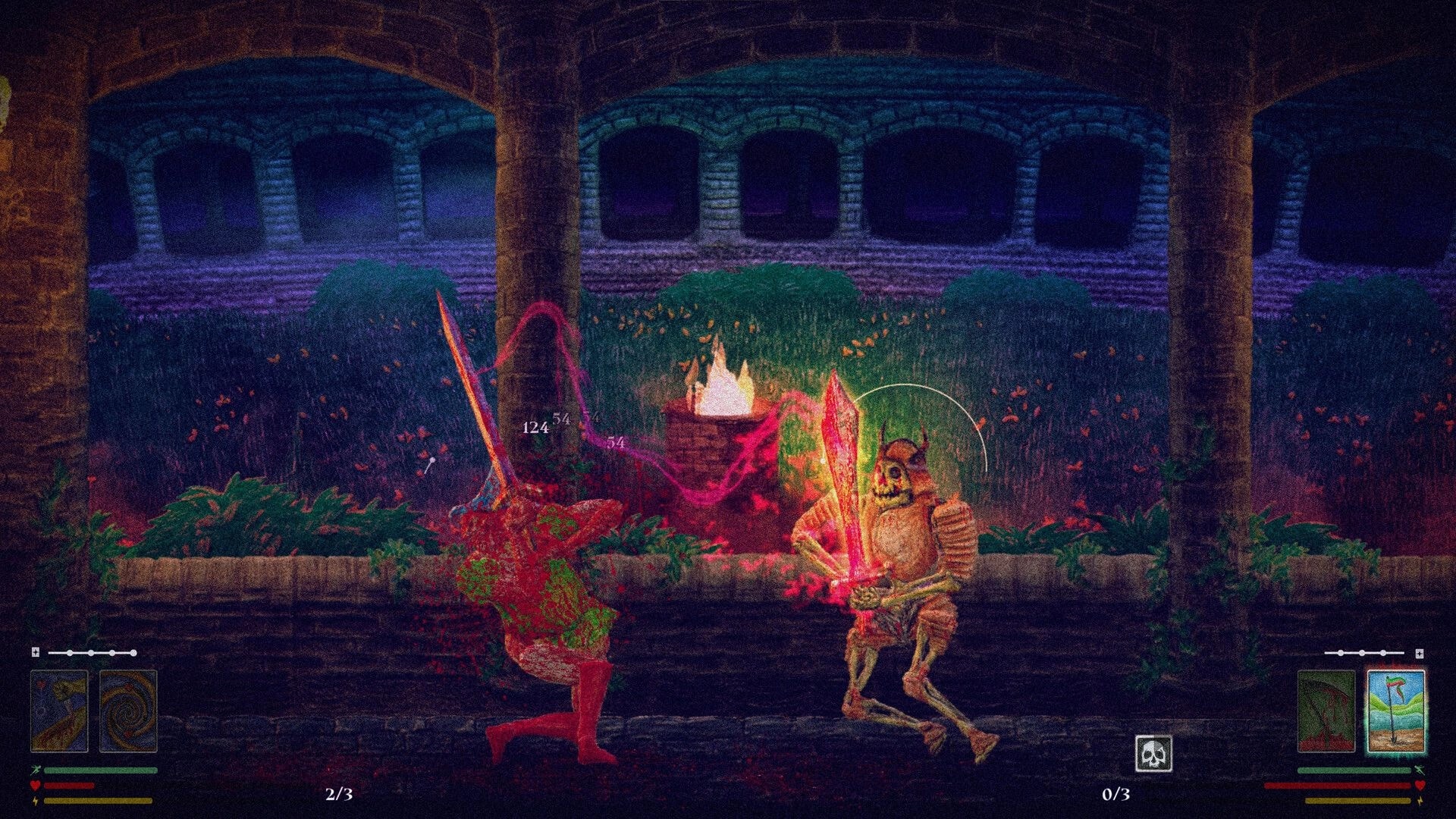 CrackSword: Player duels a skeleton with glowing red sword in ruined courtyard, card UI visible.
