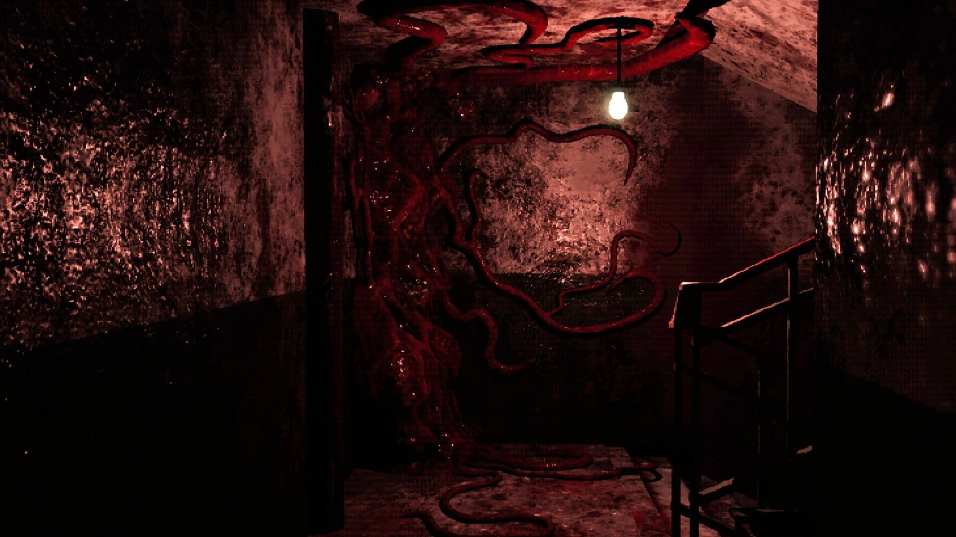 Crazy Neighbour: Dim corridor with hanging bulb, blood-red tendrils on walls, stair railing ahead.
