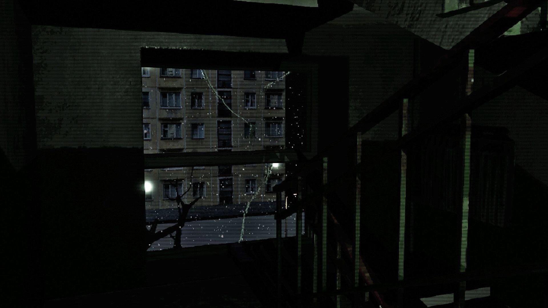 Crazy Neighbour: Looking out a cracked window at snowy apartment blocks from a dark stairwell landing.
