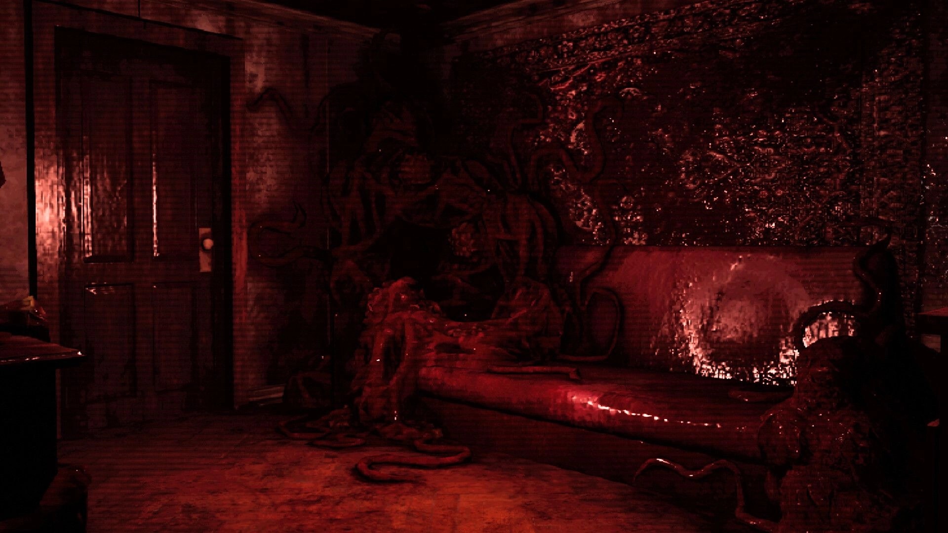 Crazy Neighbour: Red-lit room with a couch and writhing black tendrils spreading along the wall.