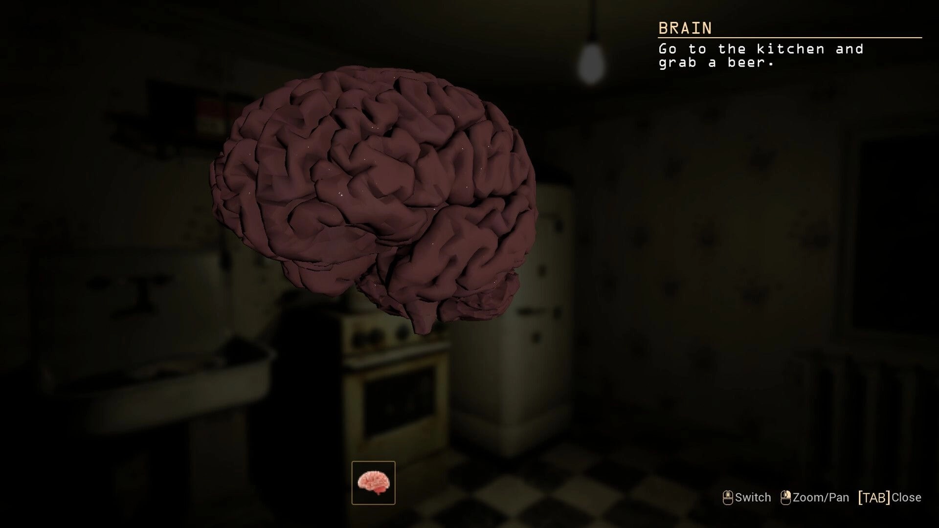 Crazy Neighbour: 3D brain inspection UI with objective text over a dim, grimy kitchen backdrop.