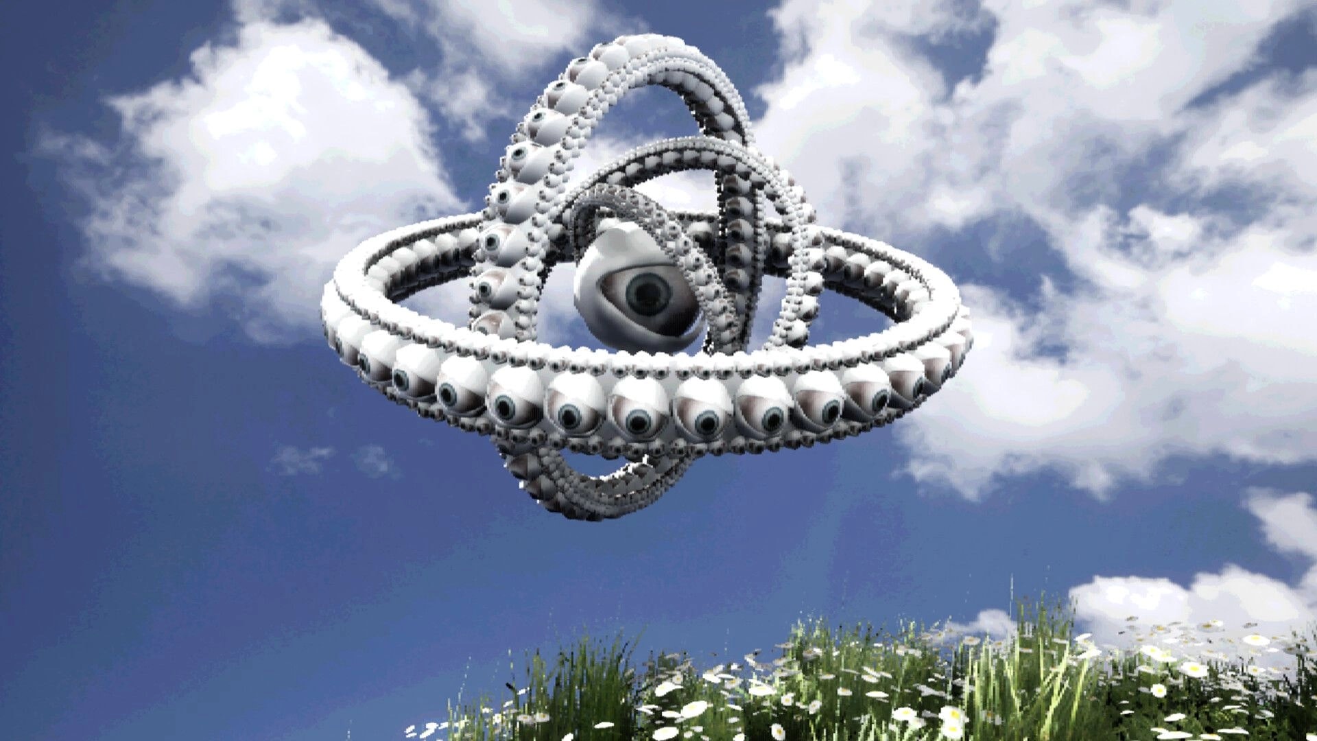 Crazy Neighbour: Floating ring of many eyeballs around a giant eye, above clouds and daisies.