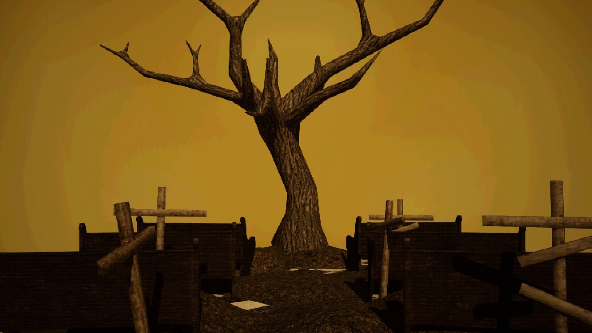 Crazy Neighbour: Leafless tree between wooden grave markers in a sepia-toned cemetery scene.