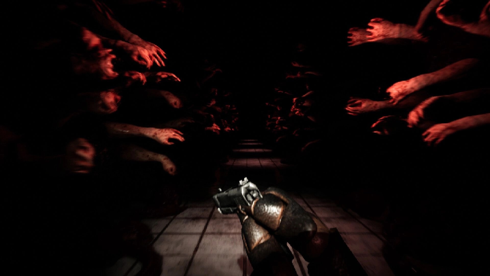 Crazy Neighbour: First-person view holding a flashlight in dark corridor as red hands reach in from walls.