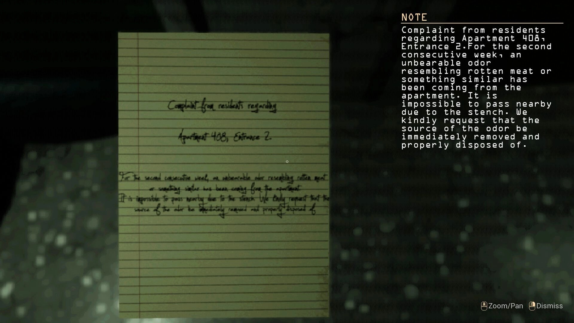 Crazy Neighbour: Note-reading UI with complaint about odor from Apartment 408, Entrance 2 on screen.
