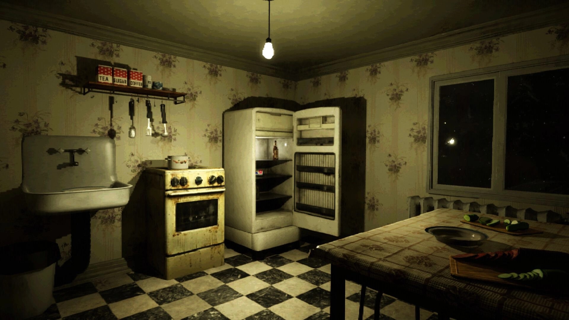 Crazy Neighbour: Open refrigerator beside rusty stove in dim kitchen with sink, table, and night window.