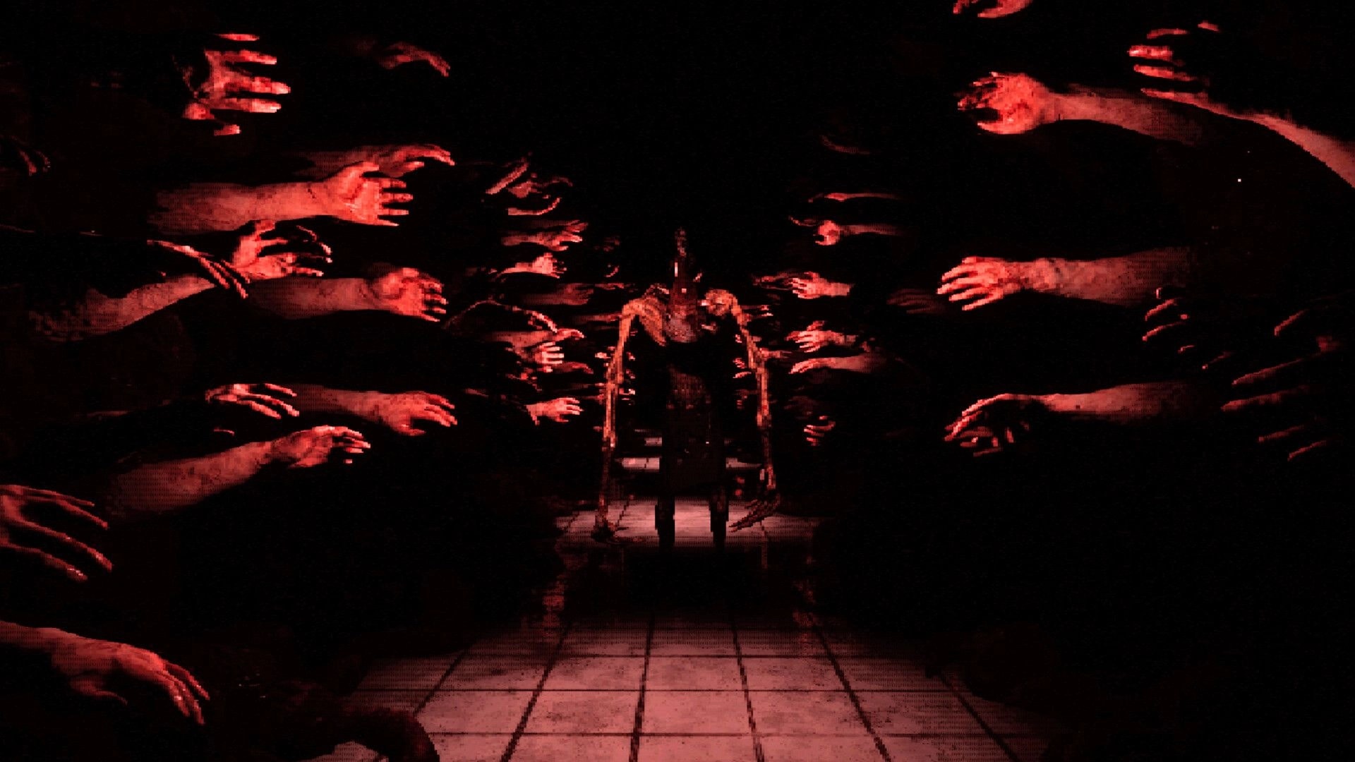 Crazy Neighbour: Blood-red ghostly hands reaching toward a lone figure on a tiled corridor walkway.
