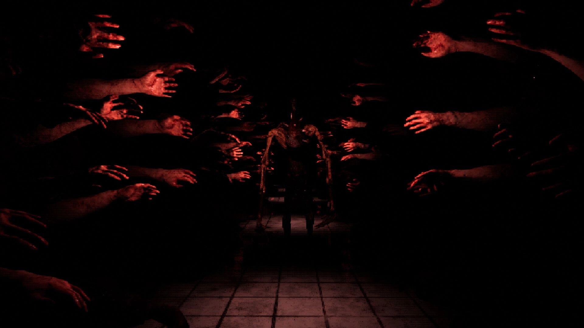 Crazy Neighbour: Shadowy figure on tiled floor surrounded by red reaching hands in dark corridor.