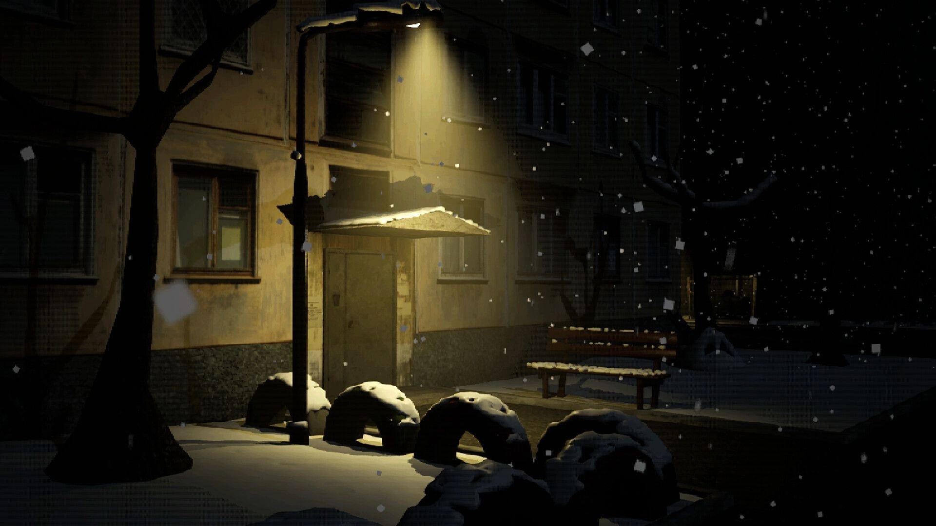 Crazy Neighbour: Snow falls under a streetlamp by an apartment entrance, benches and bare trees at night.