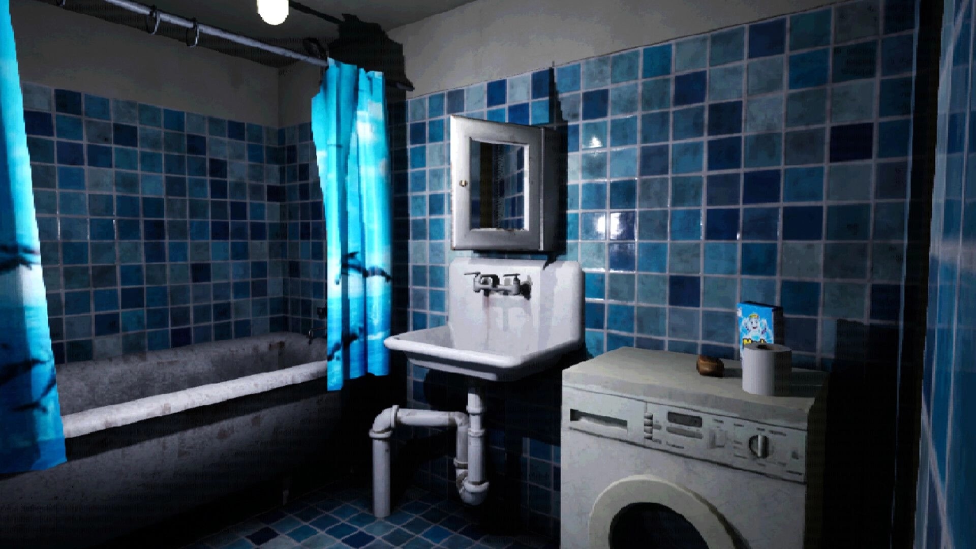 Crazy Neighbour: First-person view of grimy blue-tiled bathroom with tub, sink mirror, and washer.
