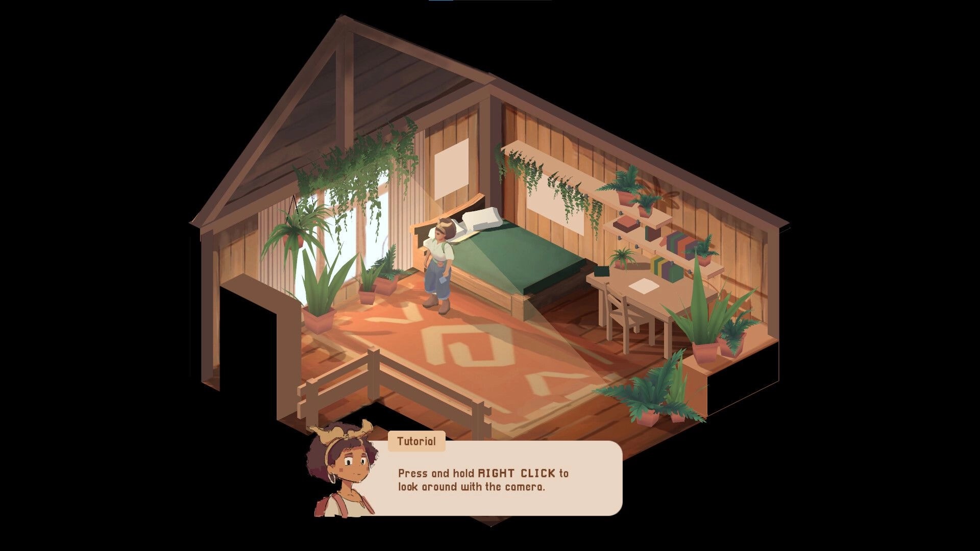 CUBO: Tutorial popup on camera controls as player stands in a cozy wooden bedroom with plants.