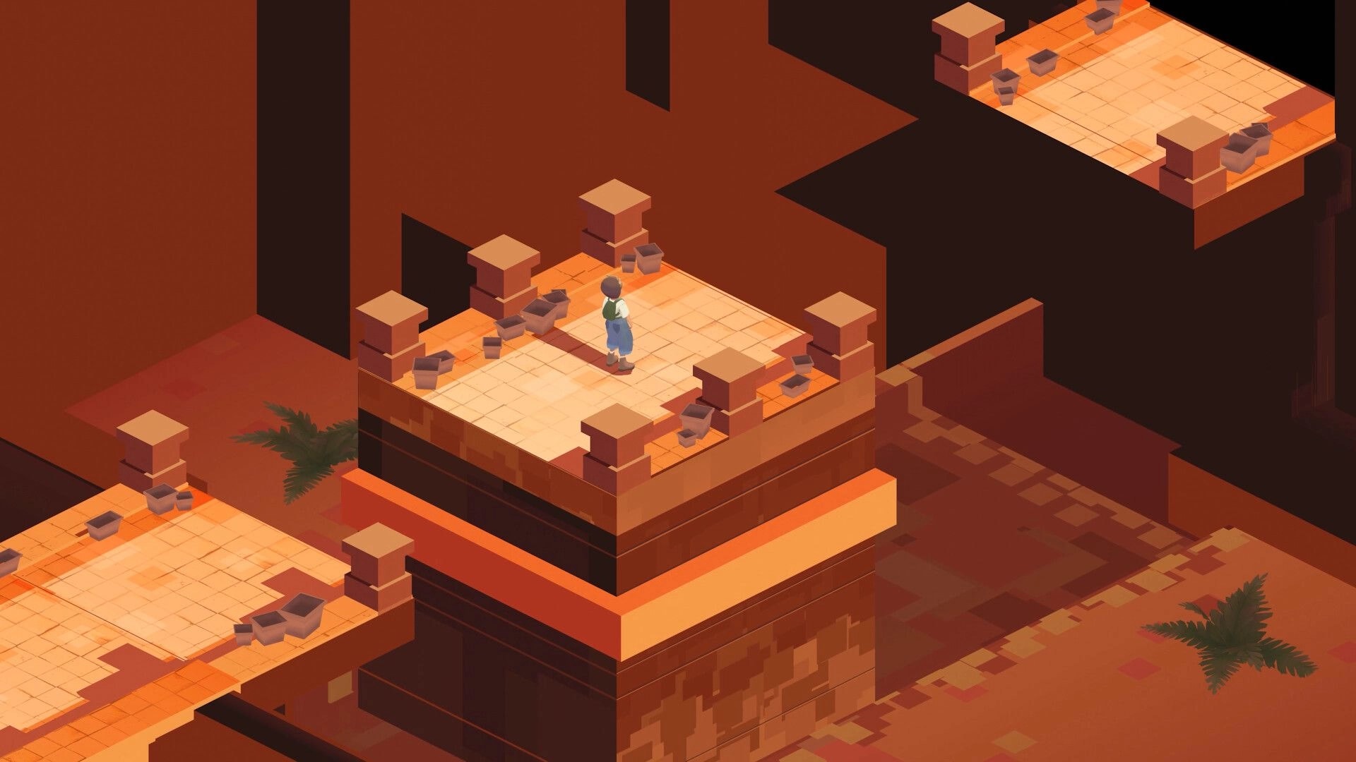 CUBO: Player stands on tiled platform with pillars and pots in an isometric canyon ruin maze.
