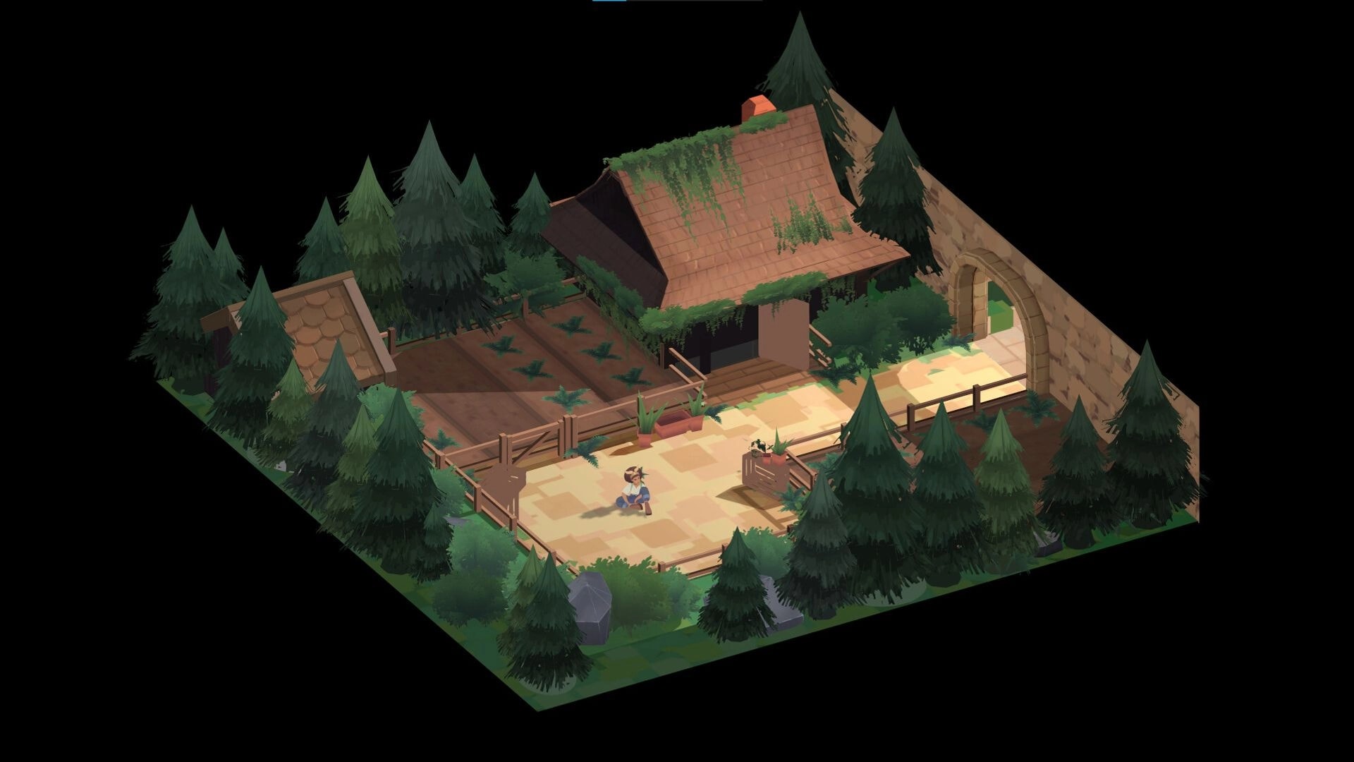 CUBO: Player character stands on stone path by ivy cabin, fenced garden, and pine forest gate.