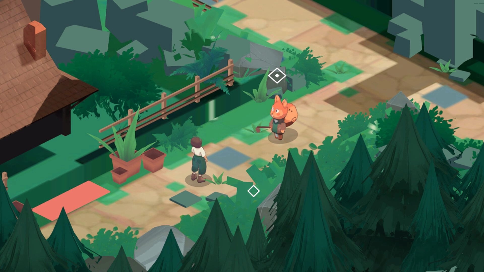 CUBO: Player approaches a fox-like NPC on a forest path near a house, with diamond markers hovering.