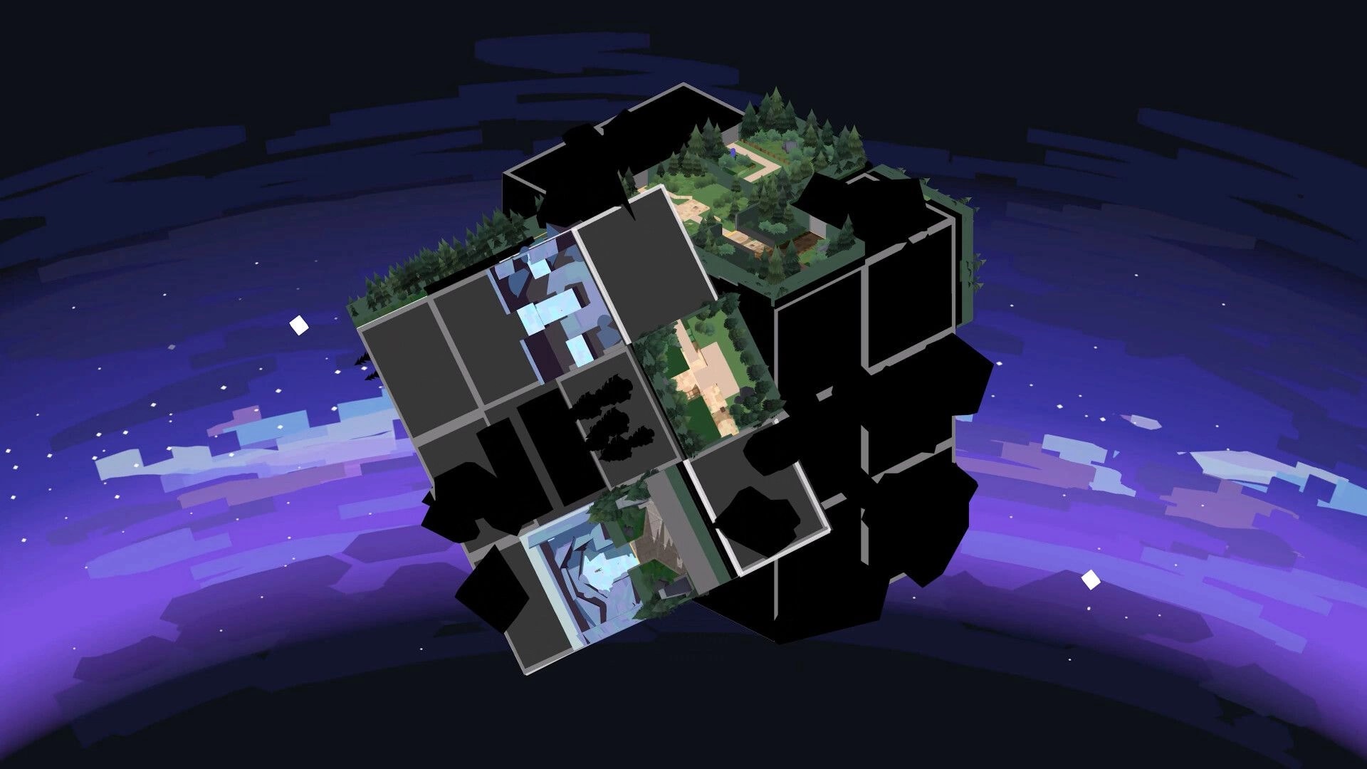 CUBO: Rotating cube world with forest paths and dark locked panels floating in purple starfield.
