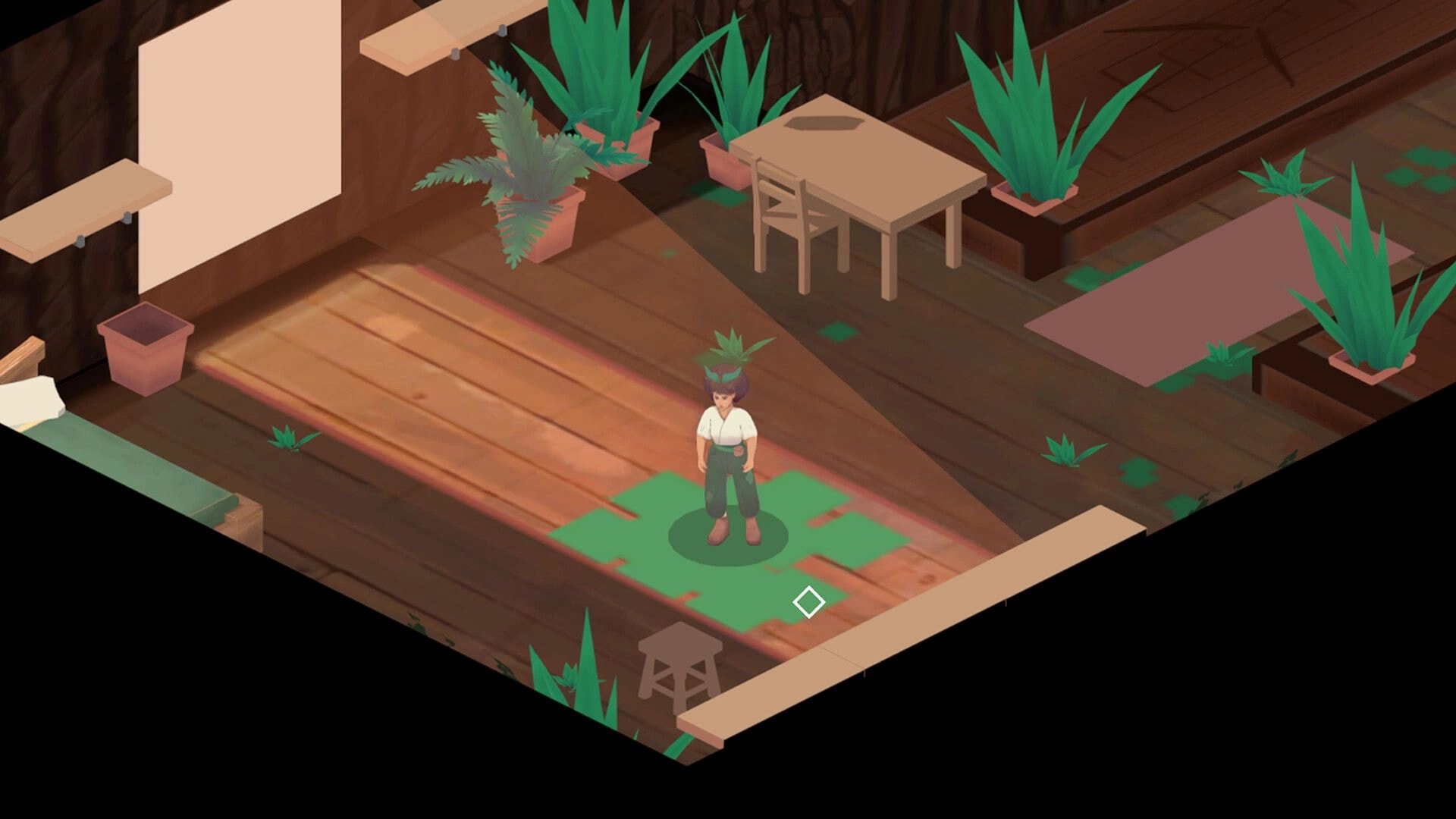 CUBO: Player character stands on green puzzle tiles inside a wooden room with plants and tables.