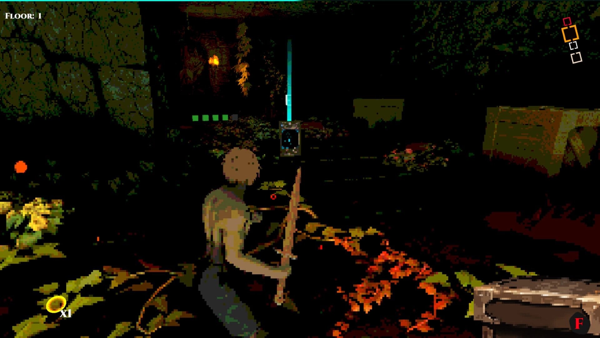 Cungeon: Archer aims bow at a glowing card pickup in a dark dungeon room with Floor 1 UI and loot count.