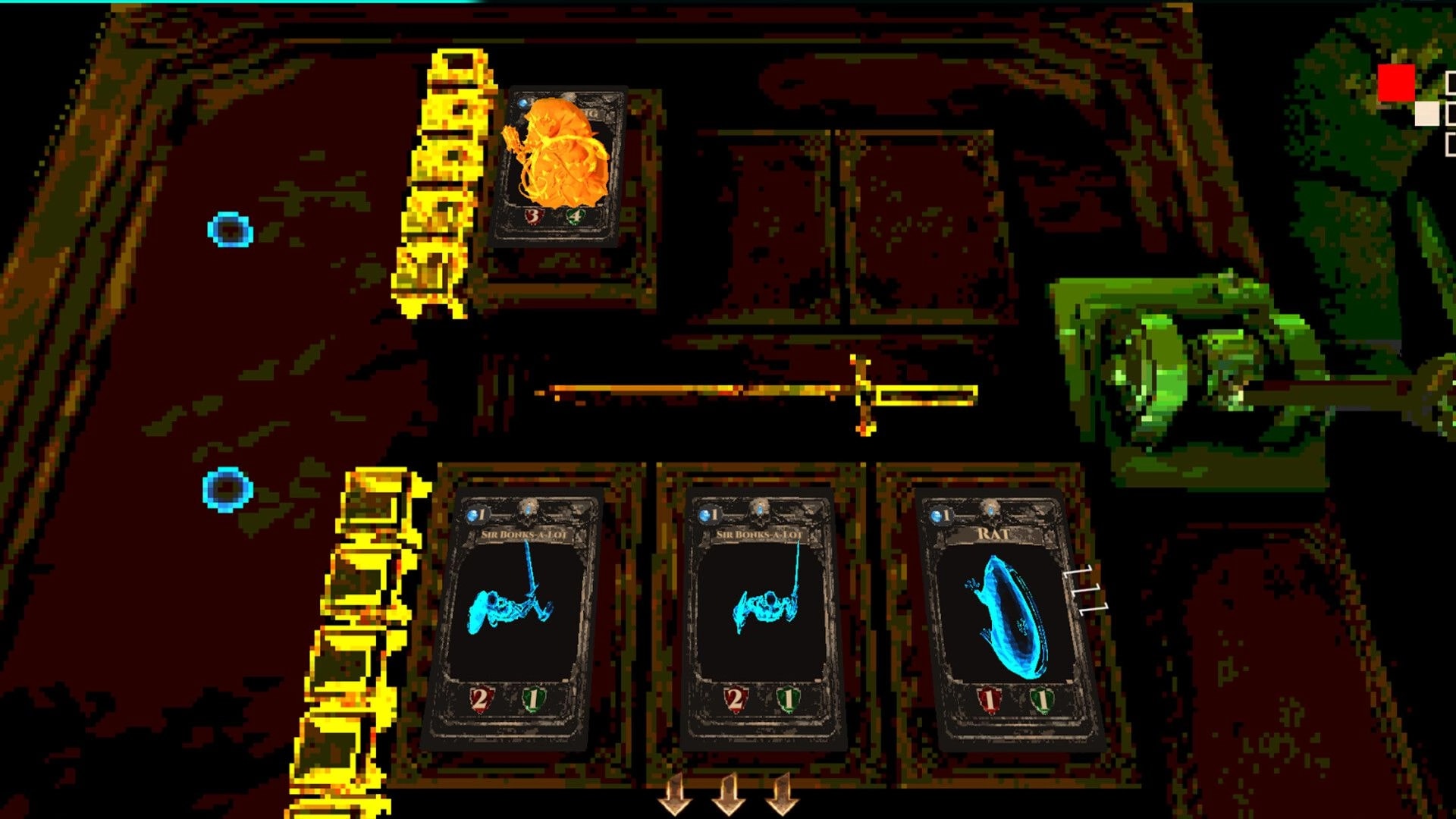 Cungeon: Card battle UI with three creature cards and a sword indicator in a dim dungeon corridor.