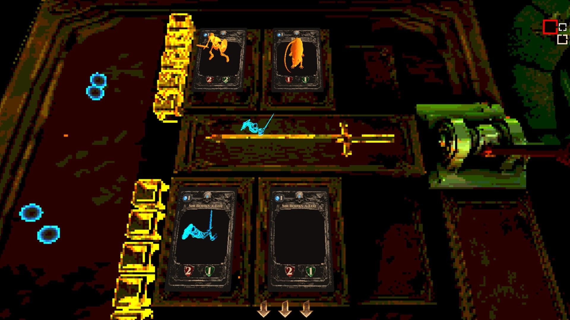 Cungeon: Card battle with four creature cards and a sword icon in a dim dungeon room with UI counters.