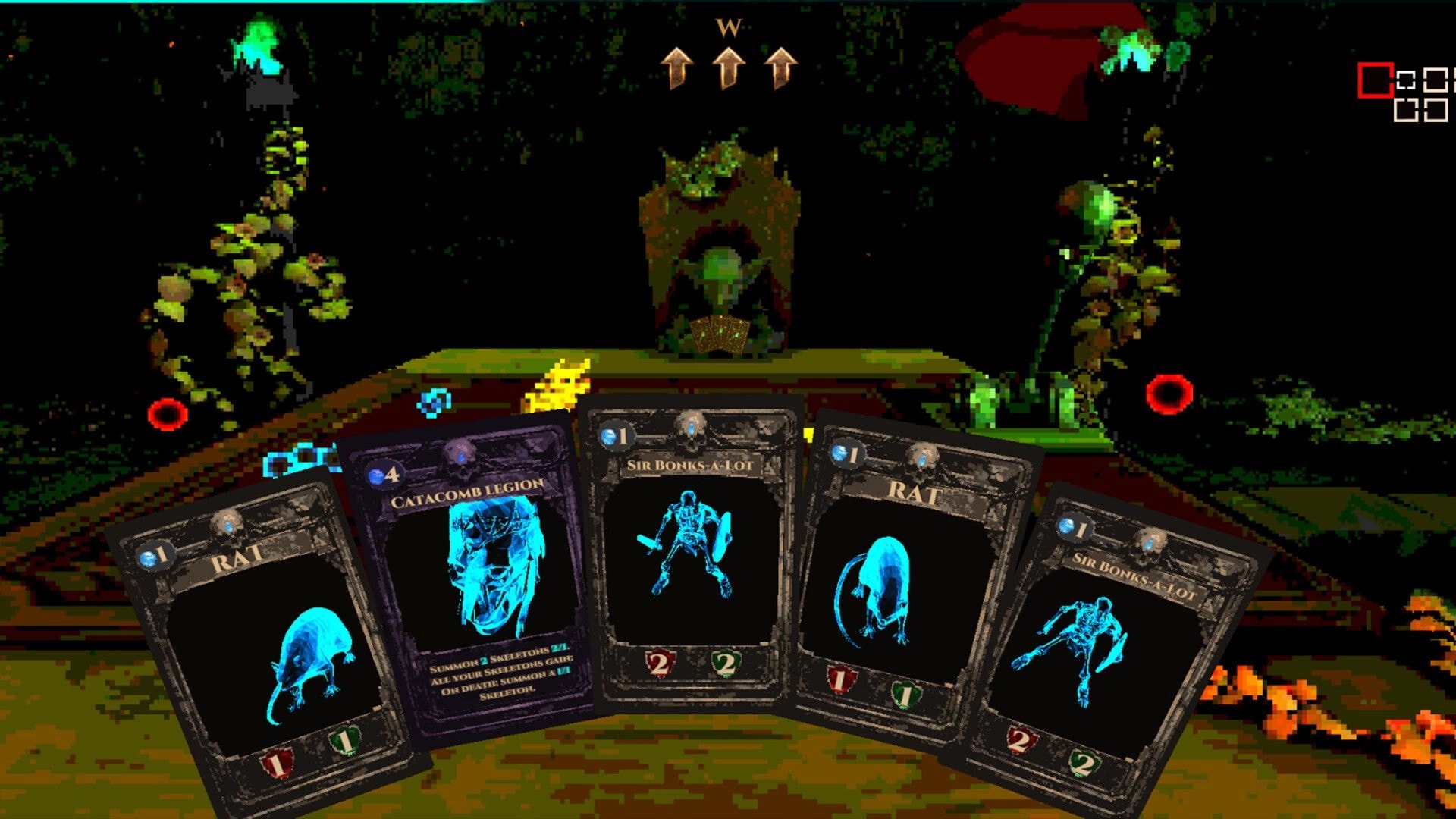 Cungeon: Hand of creature cards in combat UI facing a mossy altar room with glowing torches.