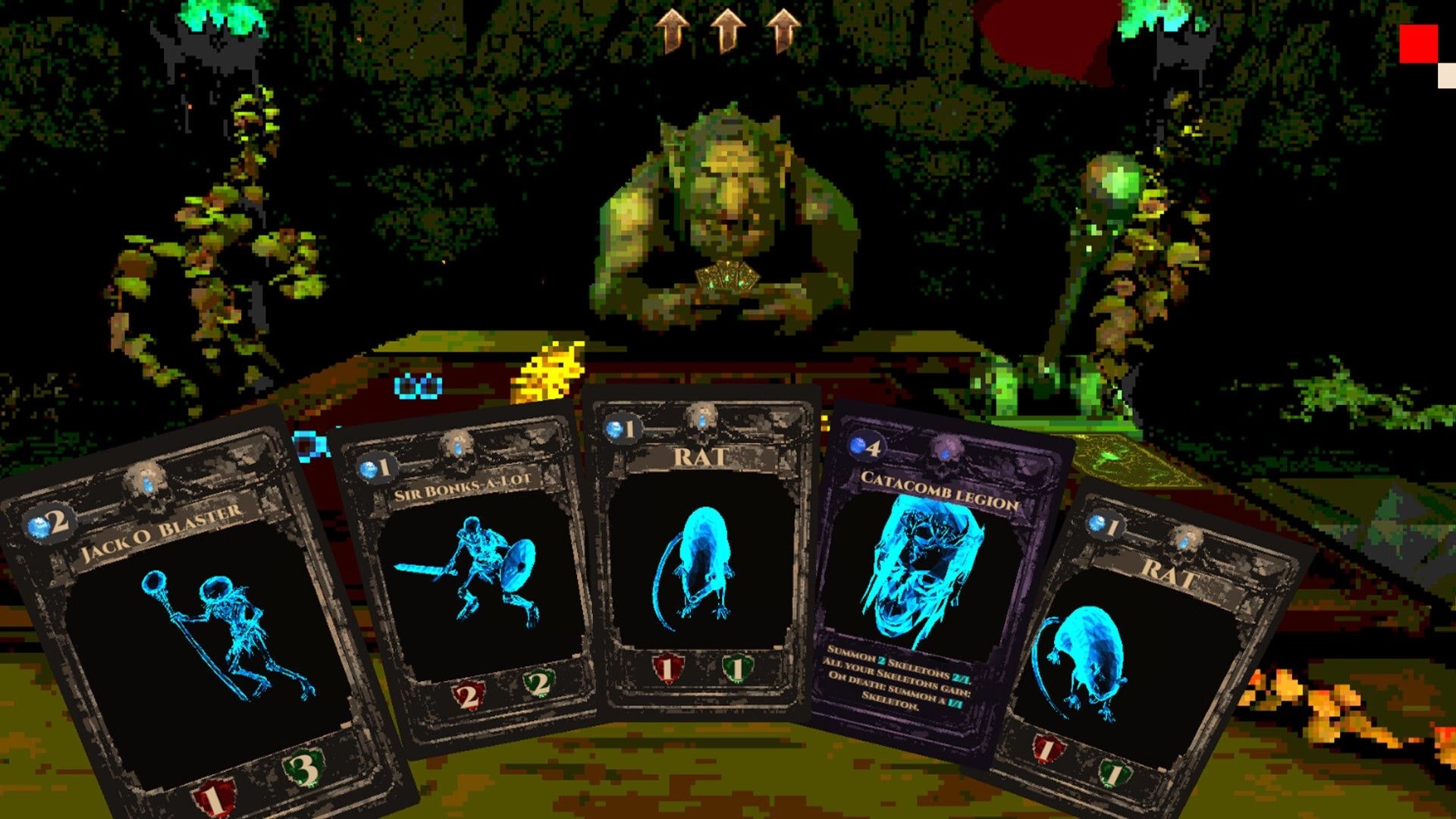 Cungeon: Card battle hand with Rat and Catacomb Legion facing a troll in a mossy dungeon room.