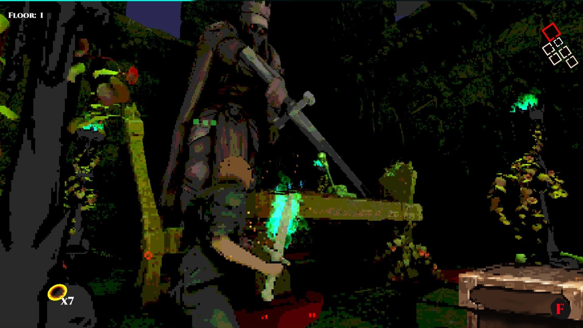 Cungeon: Sword-wielding adventurer fights glowing foes on Floor 1 in a dark forest dungeon with minimap.