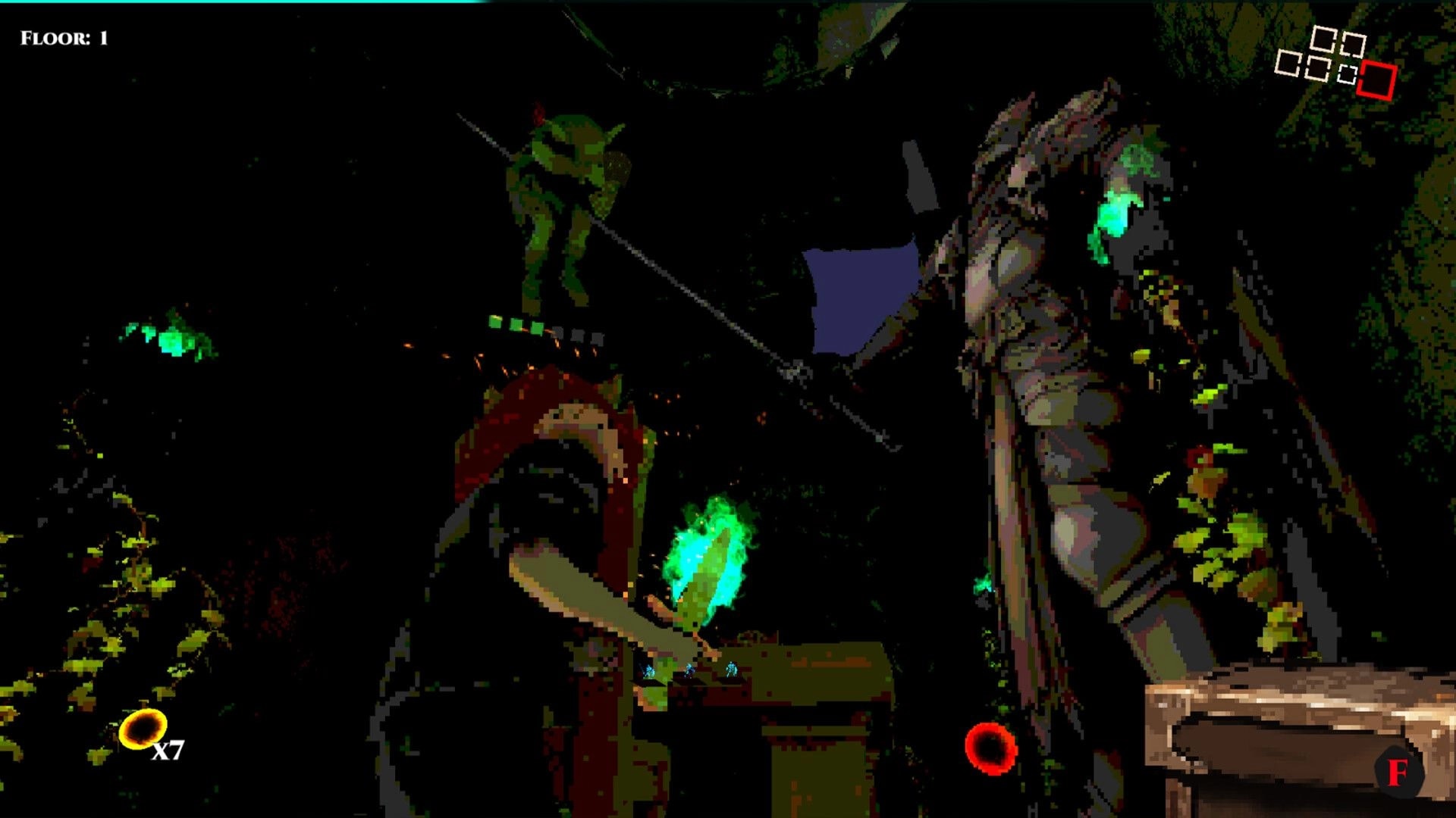 Cungeon: First-person view aiming at a glowing green enemy in dark dungeon corridor, Floor 1 HUD.