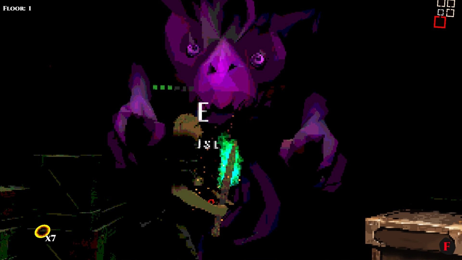 Cungeon: Player fights a giant purple spider boss on Floor 1 in a dark dungeon with HUD icons.