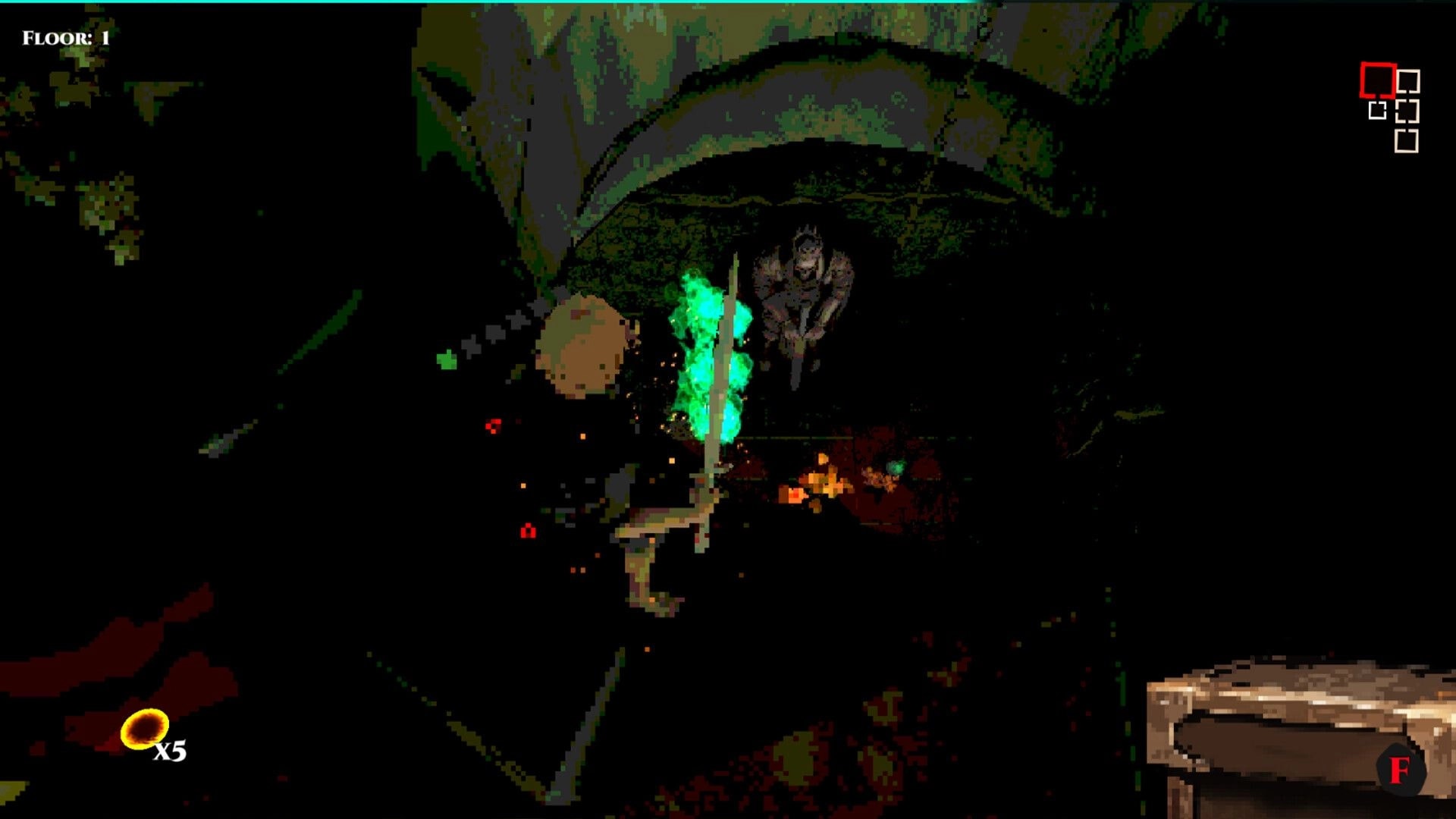 Cungeon: Sword-wielding hero fights a hulking enemy in a dark cave, Floor 1 HUD and minimap visible.