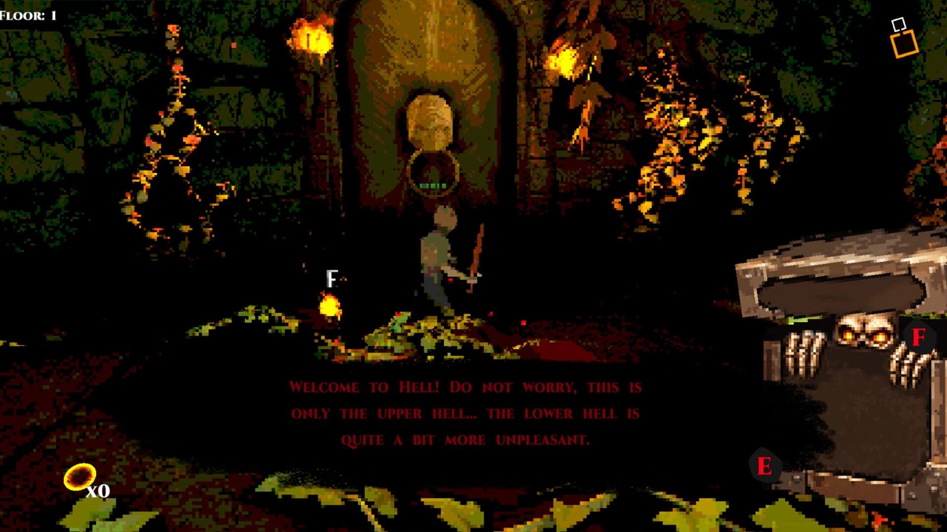 Cungeon: Adventurer with sword faces torchlit stone doorway, dialogue text and chest UI on Floor 1.