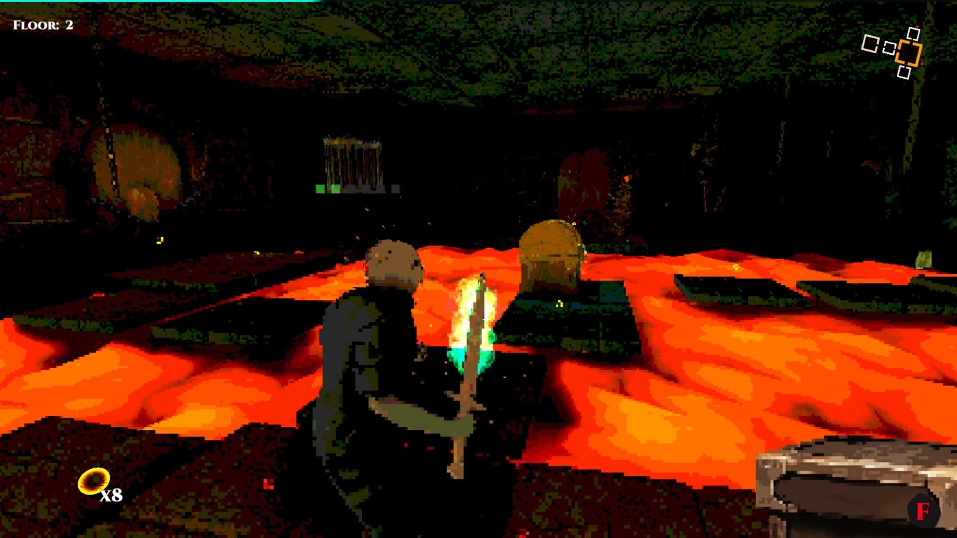 Cungeon: Hooded adventurer with staff crosses lava bridges in dark cave, Floor 2 minimap visible.
