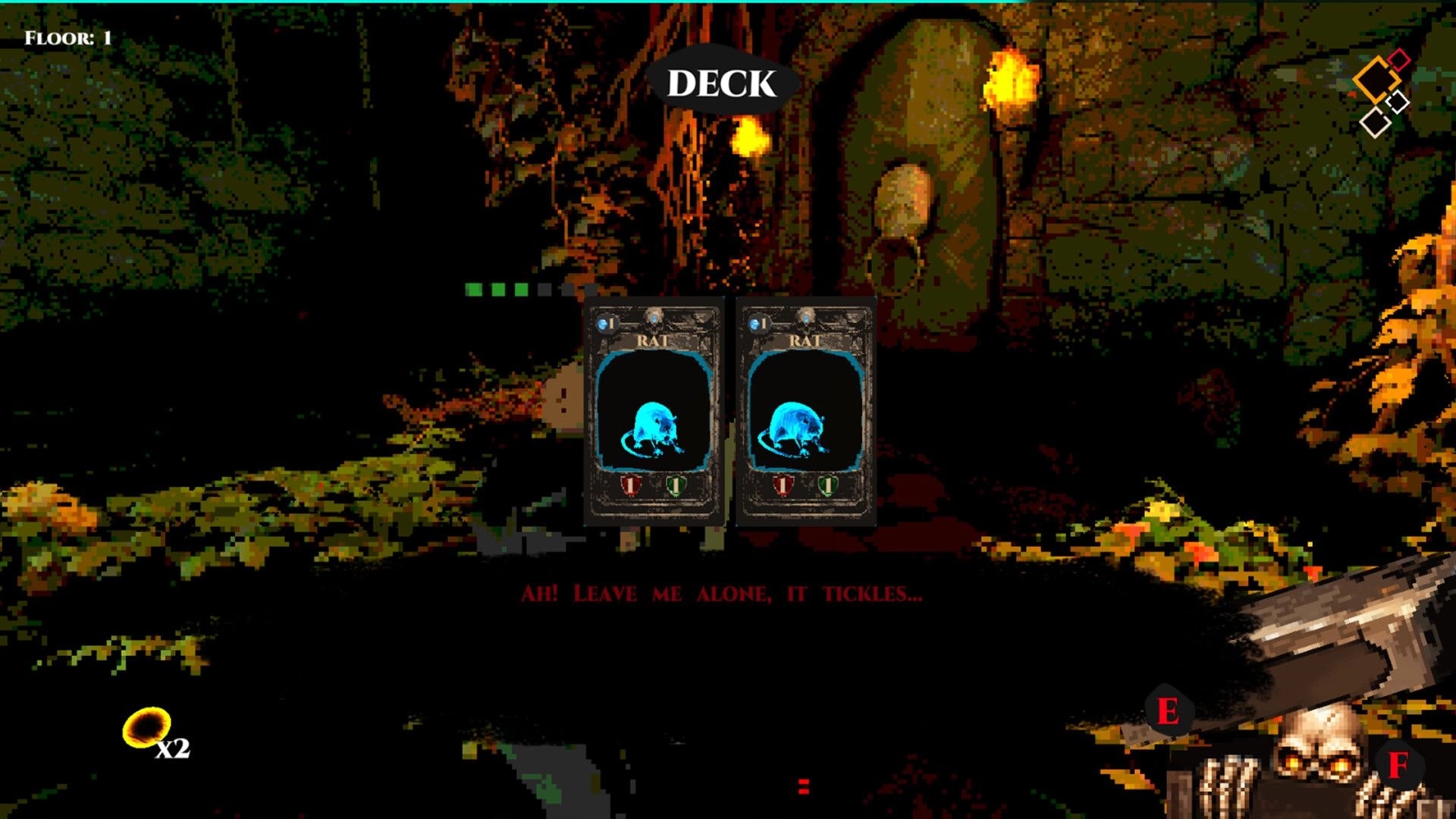 Cungeon: Deck screen with two Rat cards displayed in a torchlit dungeon corridor on Floor 1.