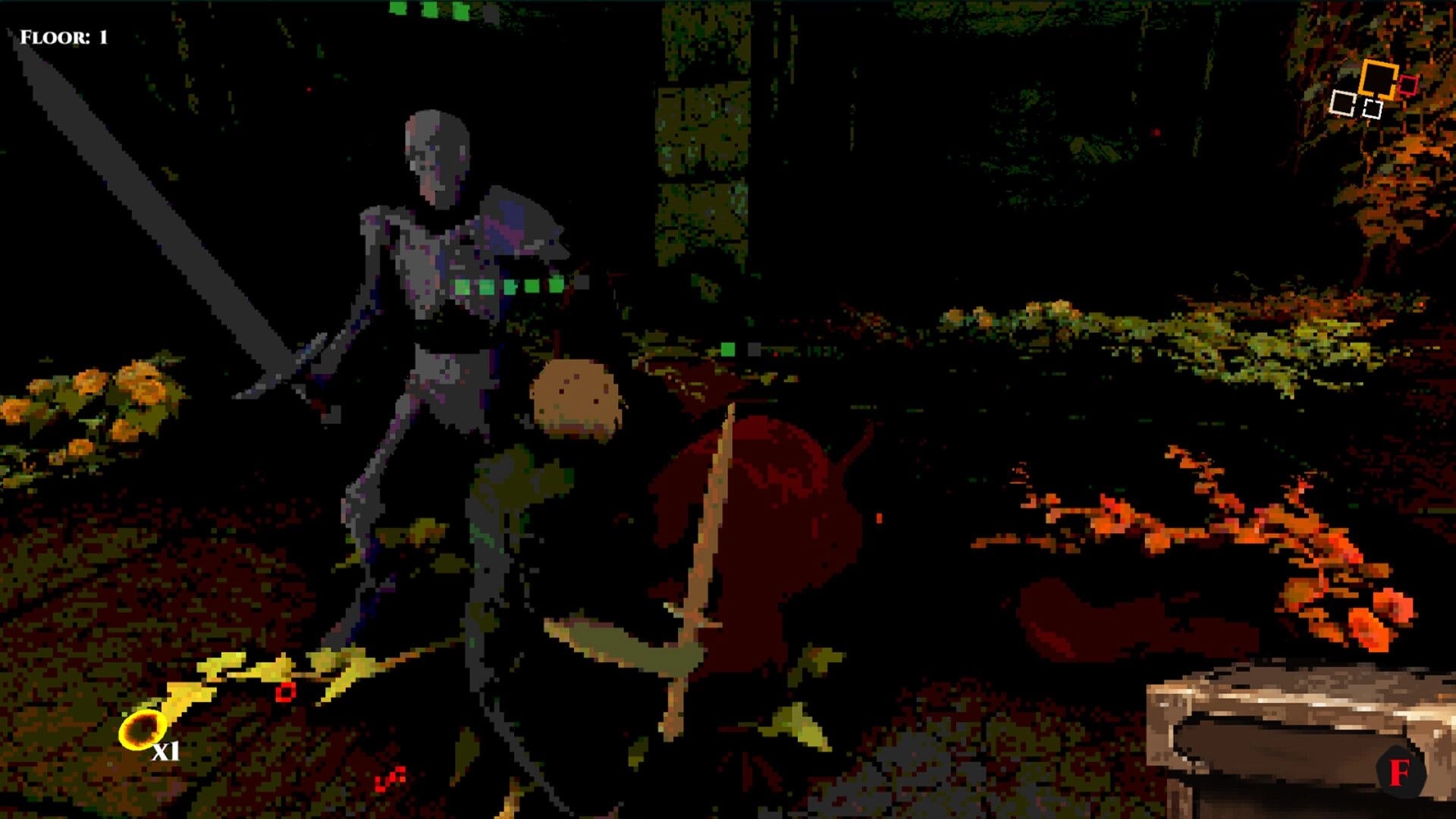 Cungeon: Sword-wielding skeleton battles a hooded hero on Floor 1 in a dark dungeon corridor.