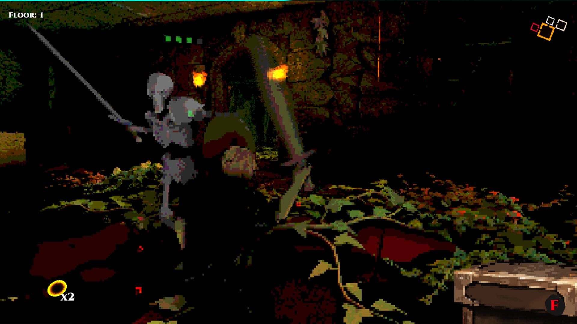 Cungeon: Armored knight with sword and shield on Floor 1 in torchlit dungeon corridor with minimap UI.